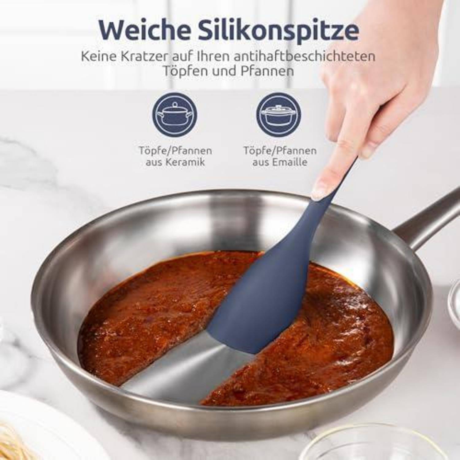 Silikonspatel rührt Sauce in einer Edelstahlpfanne um, mit deutschem Text, der weiche Silikonspitzen bewirbt, die Keramik- oder Emailletöpfe und Pfannen nicht zerkratzen.