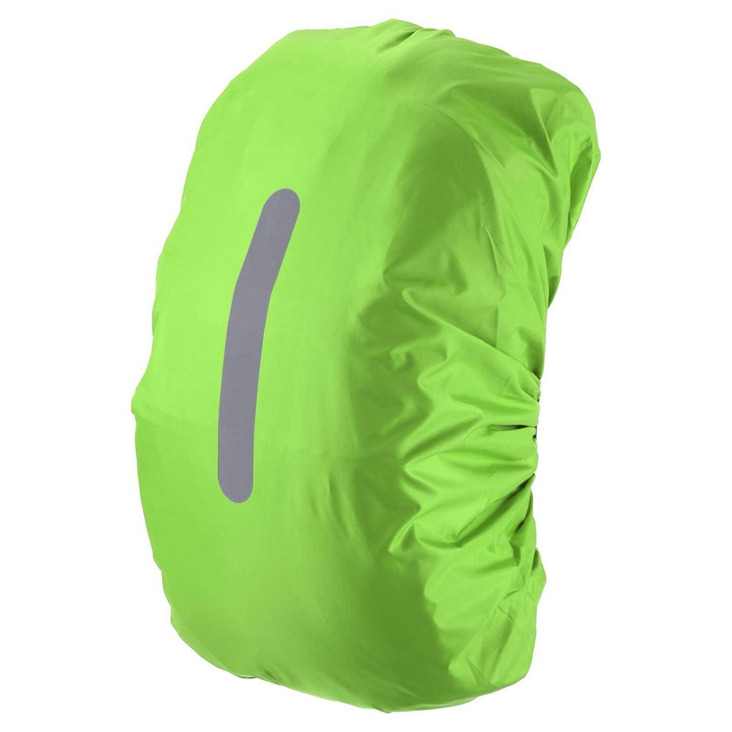 Leuchtend grüne wasserdichte Regenschutzhaube für Rucksäcke mit reflektierendem grauem vertikalen Streifen auf der Vorderseite