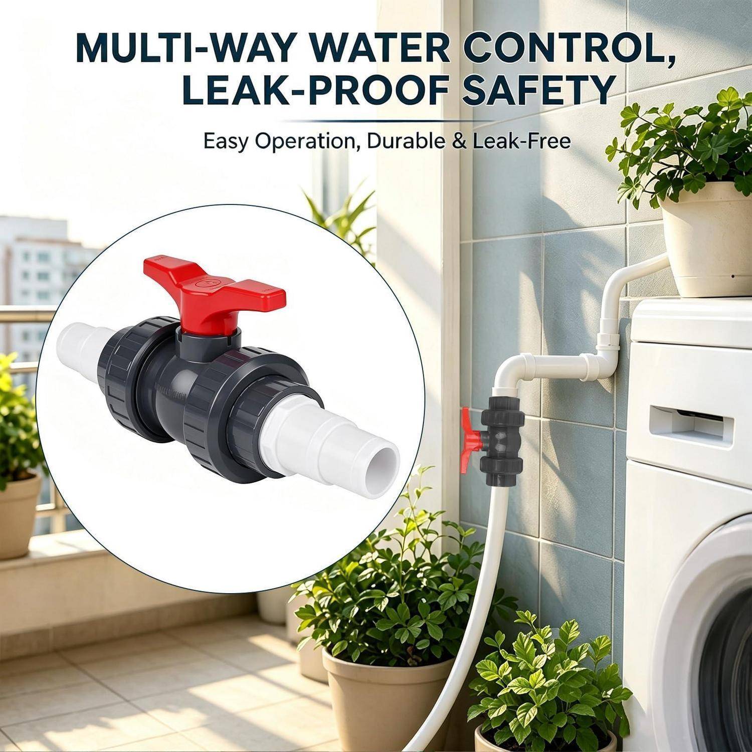 Werbebild eines Wassersperrventils mit rotem Griff an einem Waschmaschinen-Schlauch, mit Text „MULTI-WAY WATER CONTROL, LEAK-PROOF SAFETY
