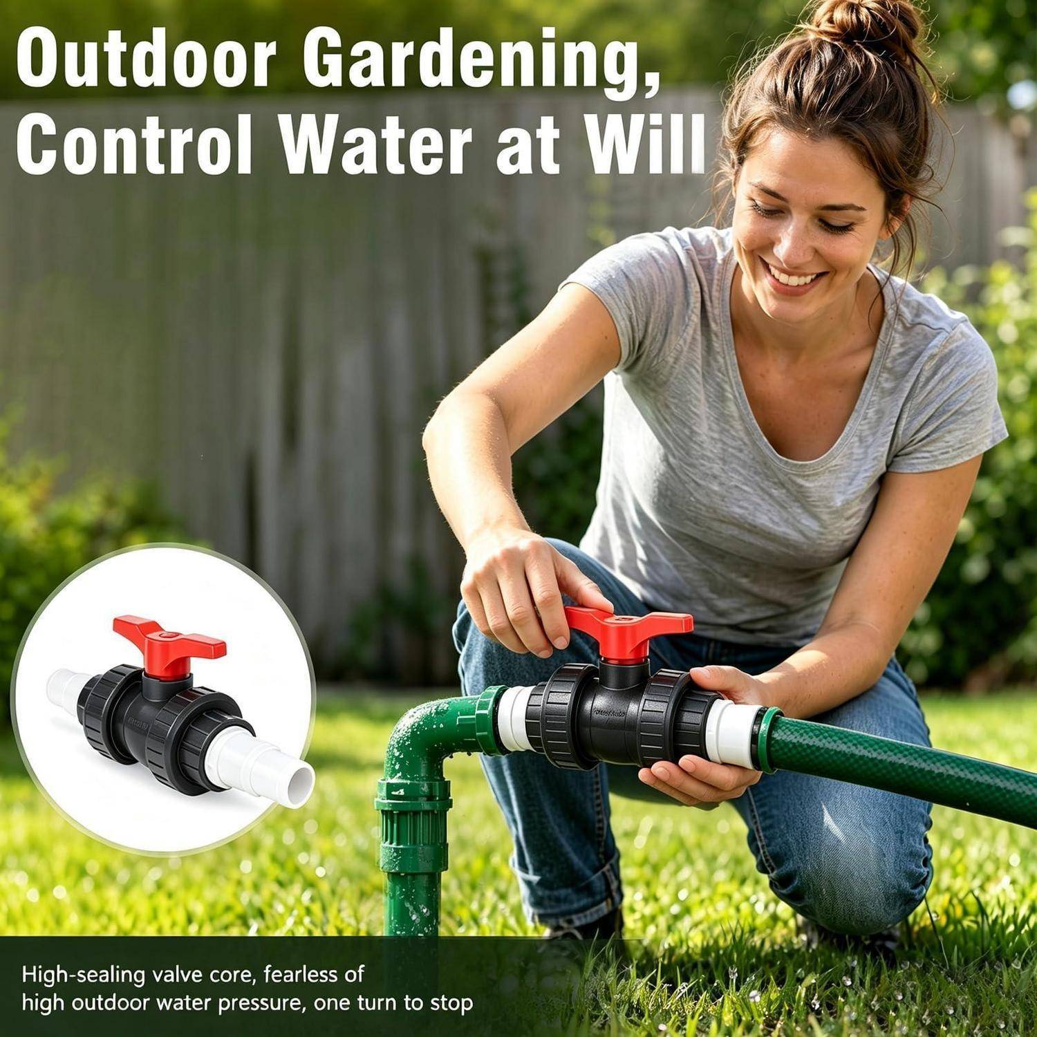 Frau in einem Garten stellt ein Schlauchventil ein; die Vergrößerung zeigt das Absperrventil. Der Text besagt „Outdoor Gardening, Control Water at Will