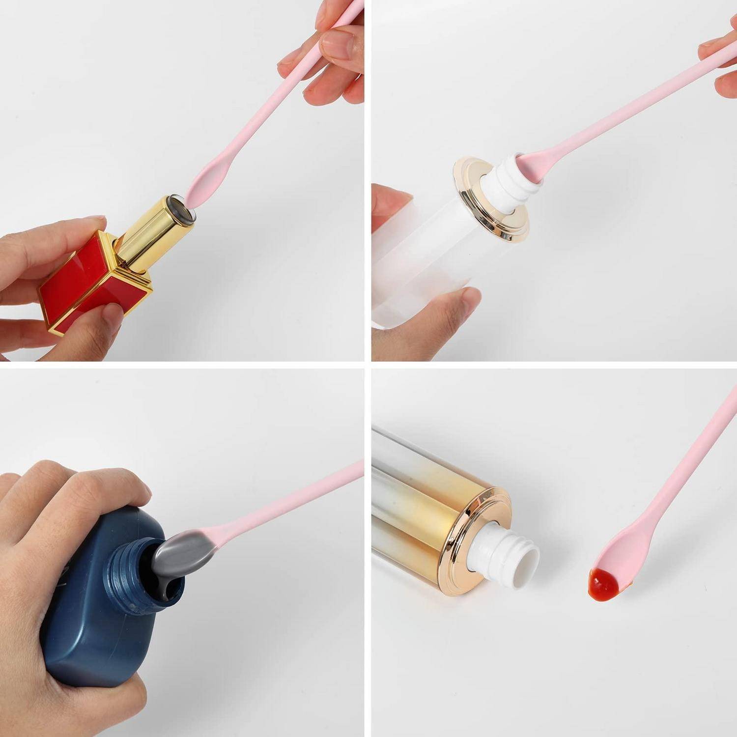 Vierpanel-Bild zeigt einen rosa Applikatorstab, der Flüssigkeit aus Kosmetikflaschen lädt, mit verschiedenen Flaschenöffnungstypen und Produktfarben.