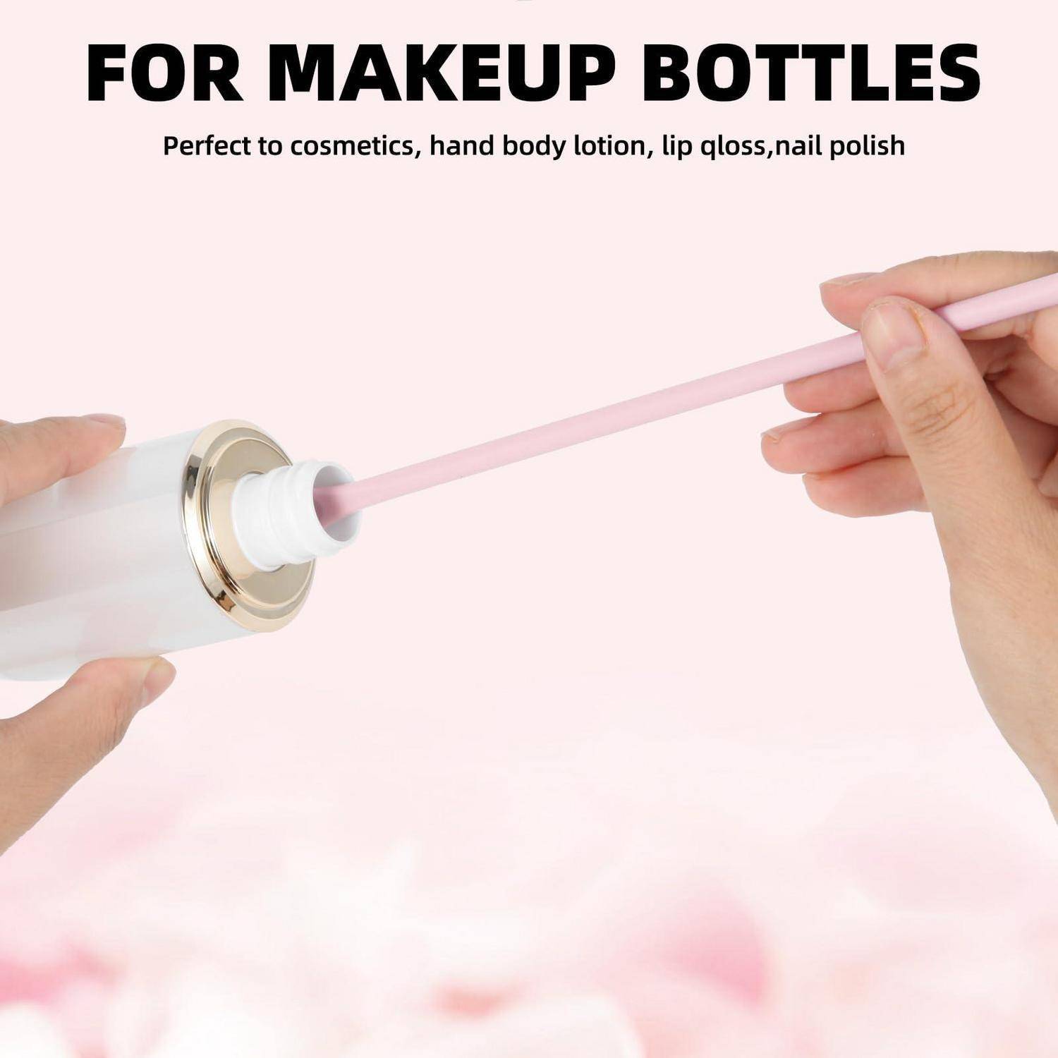Hände verwenden einen rosa Applikatstab, um eine Schminkflasche zu füllen; der Text besagt „FÜR SCHMINKFLASCHEN