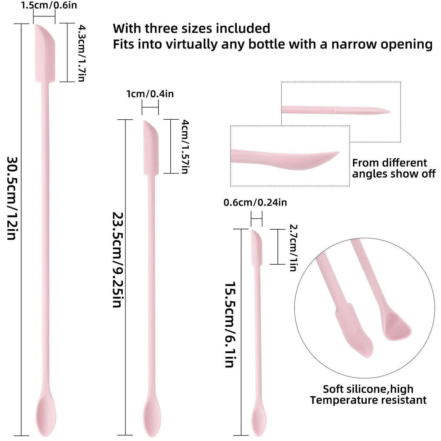 # Produktdiagramm von drei rosa Silikonflaschenspachteln in verschiedenen Größen, mit Maßangaben und Schrägansichten versehen; Der Text besagt, dass sie in Flaschen mit enger Öffnung passen und hitzebeständig sind.