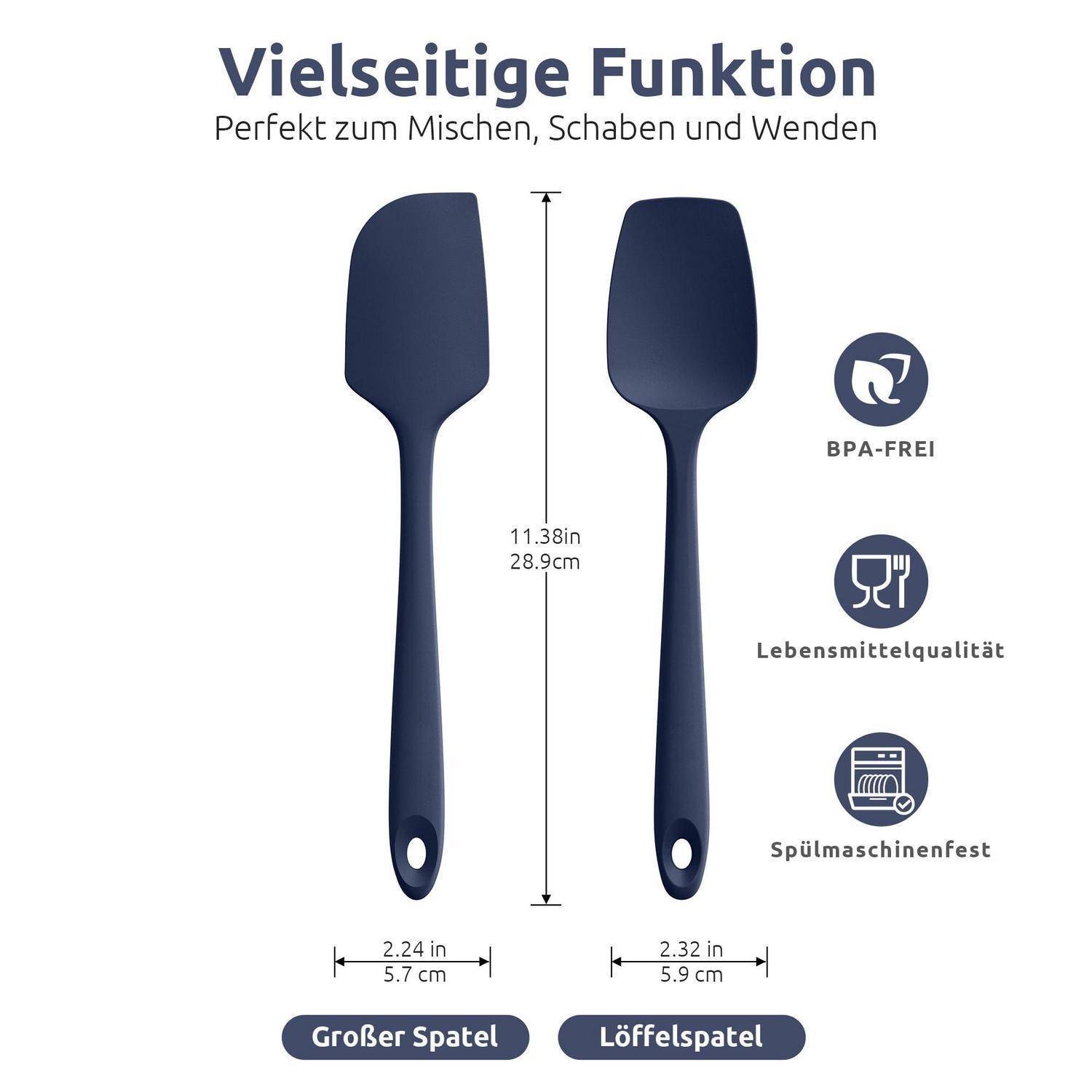 Deutsches Produktgrafik mit zwei dunkelblau Silikon-Spatel mit den Etiketten 