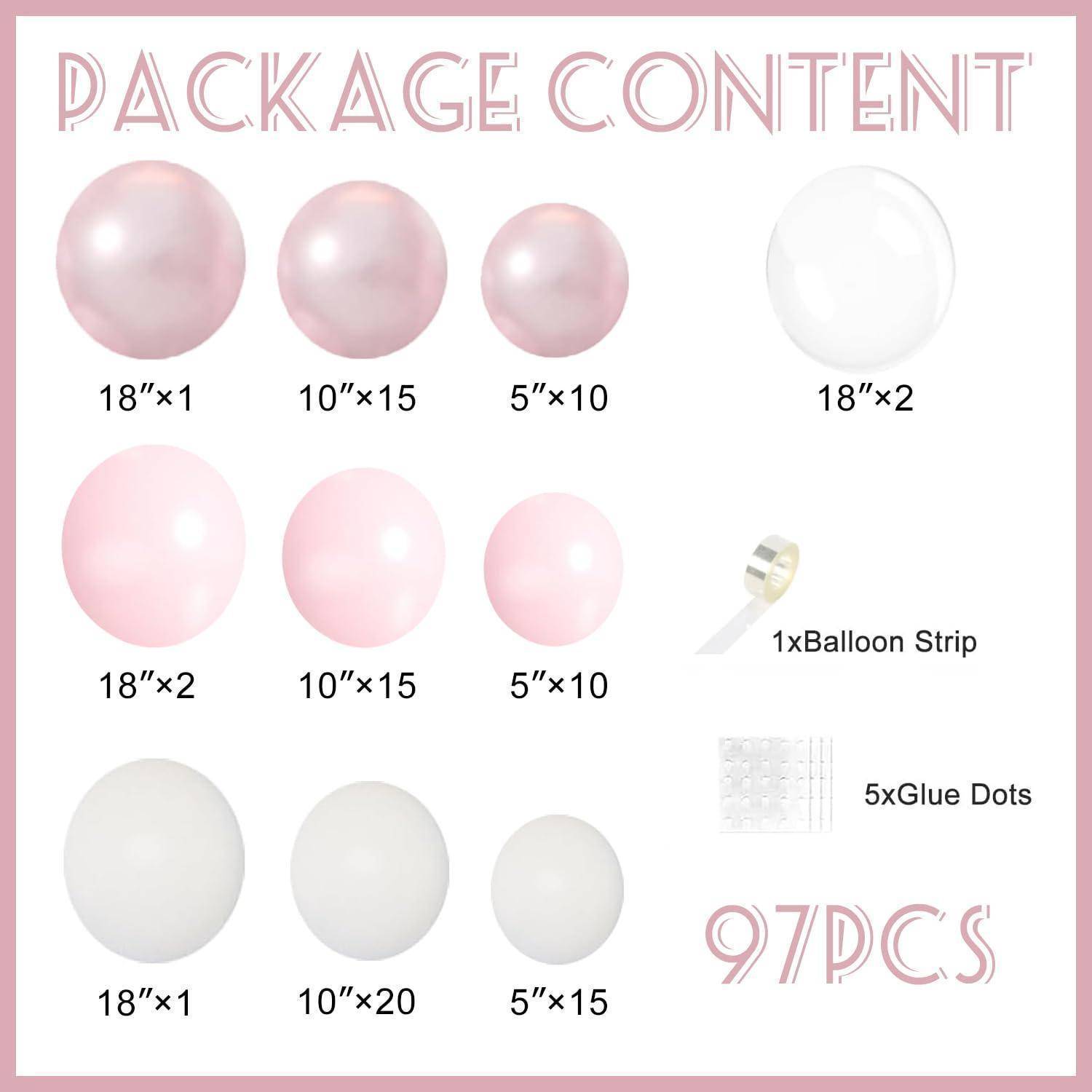 Infografik zum Paketinhalt mit 97 Teilen: Ballons in Perlenrosa, Hellrosa, Weiß und Transparent in den Größen 18", 10"" und 5"", plus 1 Ballonstreifen und 5 Klebepunkte.