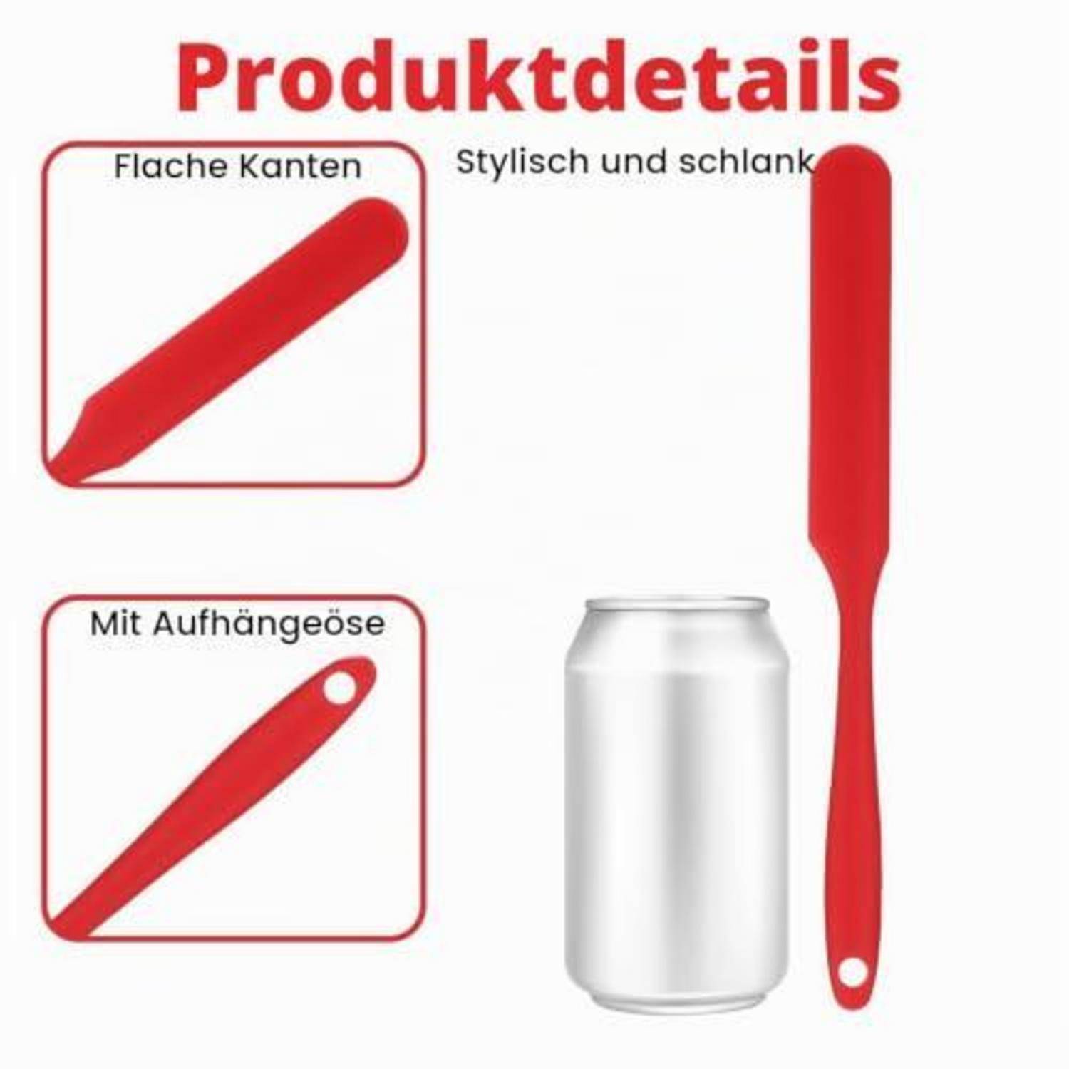 Deutsches Produktdetail-Grafik, das ein rotes schlankes Werkzeug mit flachen Kanten und einem Aufhängeloch neben einer silbernen Dose zeigt; Beschriftungen sagen „Flache Kanten", „Stylisch und schlank"" und „Mit Aufhängeöse"".