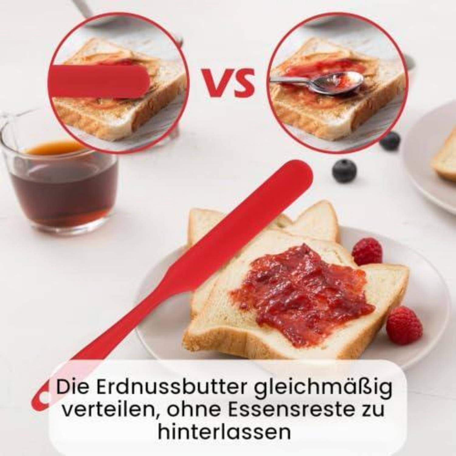 Vergleichsbild, das zwei Methoden zum Auftragen von Erdnussbutter auf Toast zeigt, mit der empfohlenen Verwendung eines roten Spreizers zur gleichmäßigen Verteilung ohne Reste.