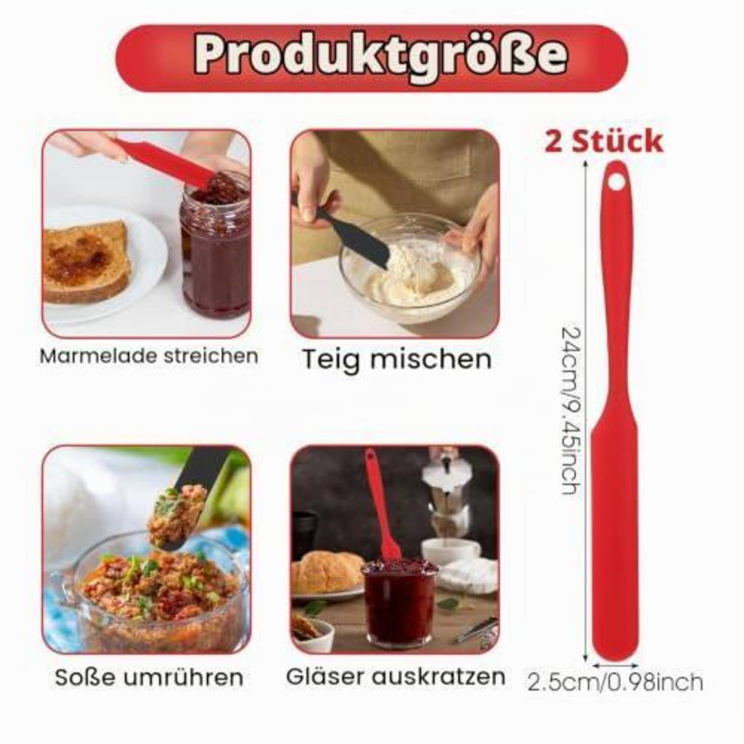 Deutsches Produktbild mit zwei roten Silikonspachteln, 24 cm lang, zum Verteilen von Marmelade, Teig mischen, Sauce rühren und Gläser abkratzen.