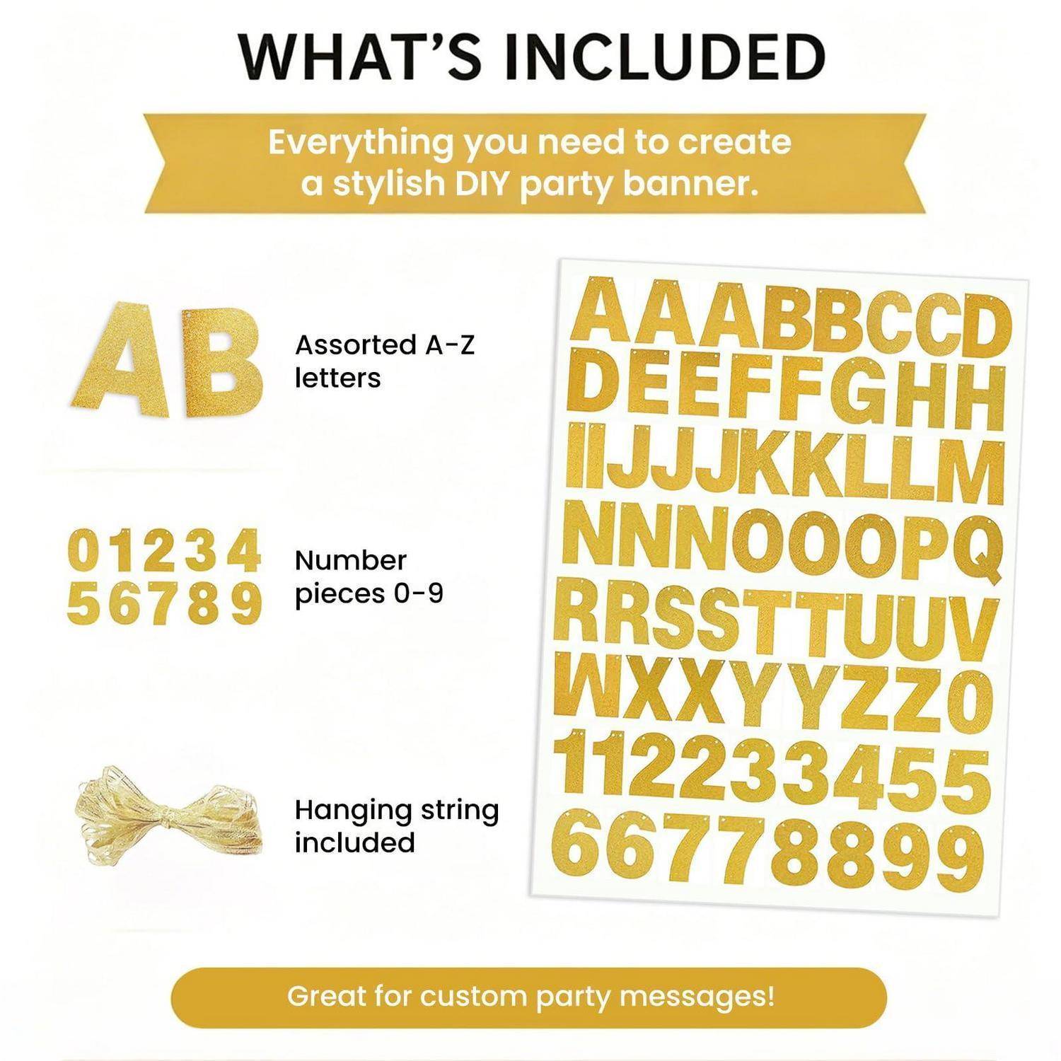 Produktinhalt für ein DIY-Partybanner: sortierte Buchstaben A-Z, Zahlen 0-9 und Schnur zum Aufhängen enthalten, mit beispielhaften Goldbrief-Blättern dargestellt.