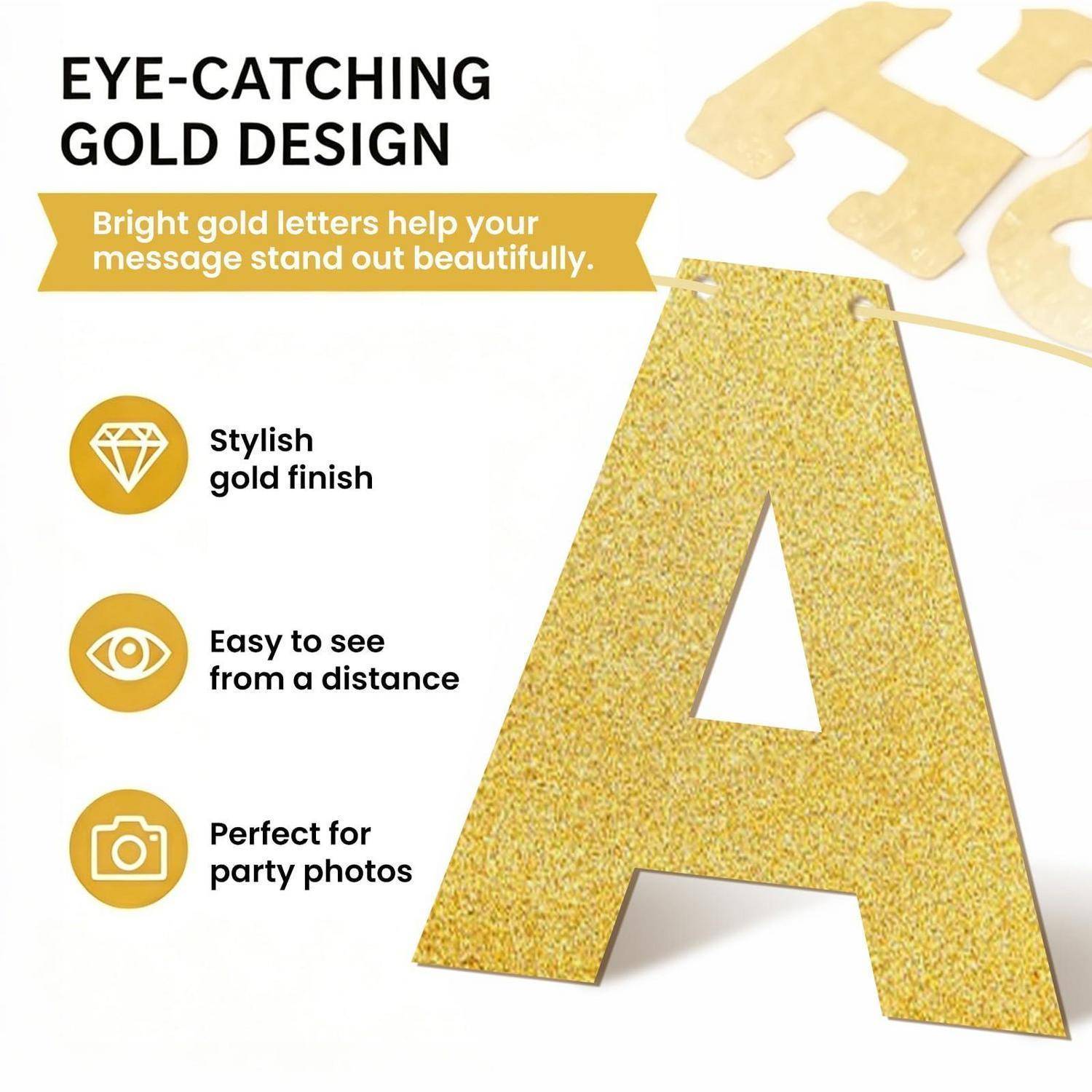 Werbegrafikdesign mit goldenem Schriftzug: großer glitzernder goldener Buchstabe A mit Text „AUGENFÄNGIGES GOLD-DESIGN" und Beschriftungen für stilvolles Finish, Sichtbarkeit und Partfotos.