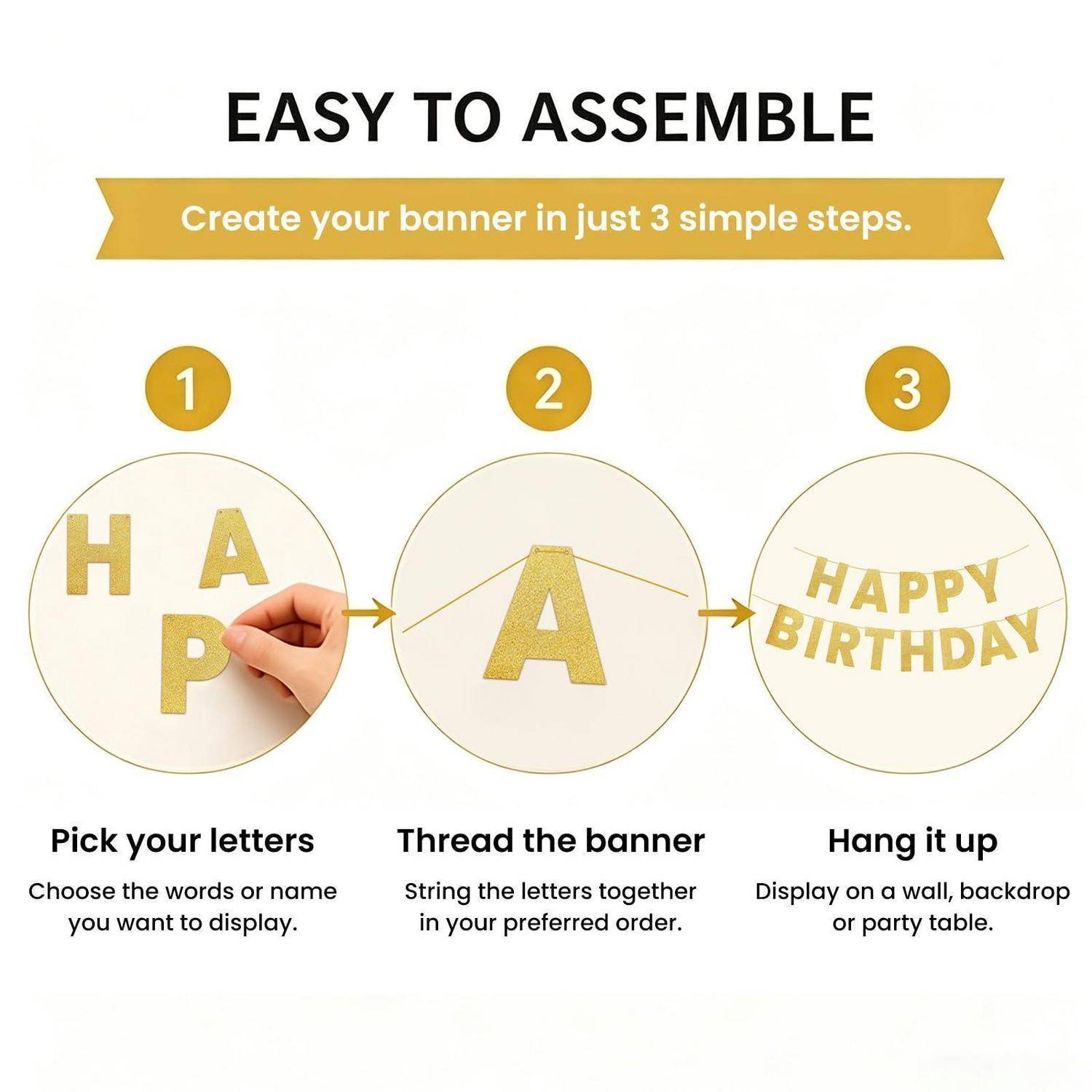 Infografik mit 3 Schritten zum Zusammenbau eines Banners: Buchstaben auswählen, diese zusammenfädeln und anschließend das fertige "ALLES GUTE ZUM GEBURTSTAG"" Banner aufhängen.