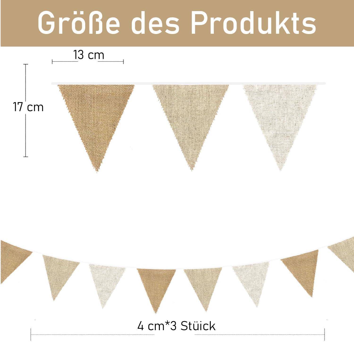 Größendiagramm des Produkts zeigt Jutestoff-Dreiecksflaggen: jede Flagge ist 13 cm breit und 17 cm hoch; Girlande umfasst 4 cm, 3-teilige Wimpel.