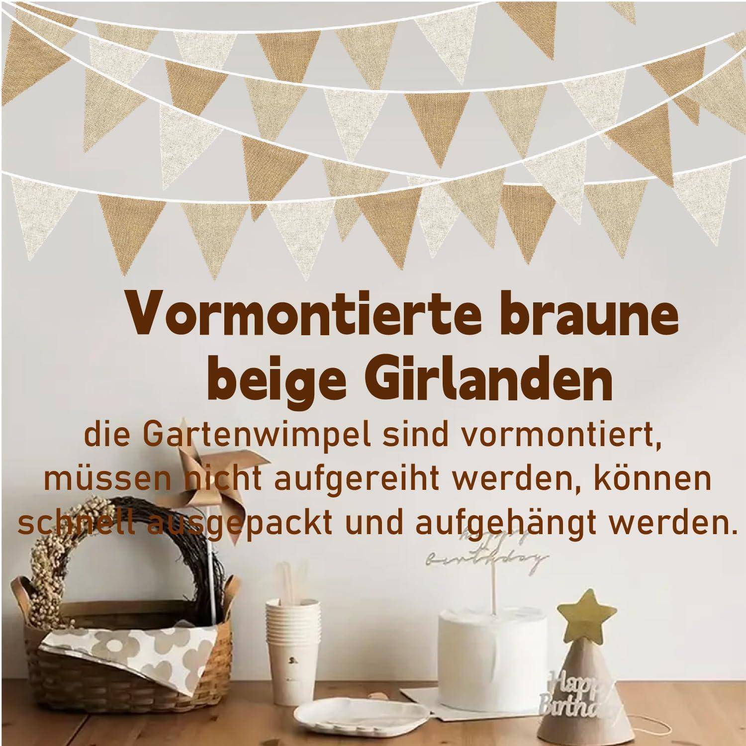 Braun- und beigebraune vorbereitete Wimpelketten, die über einem Tisch mit einem Korb, Tassen und einem Kuchen angebracht sind, mit deutschem Text über einfaches Aufhängen.