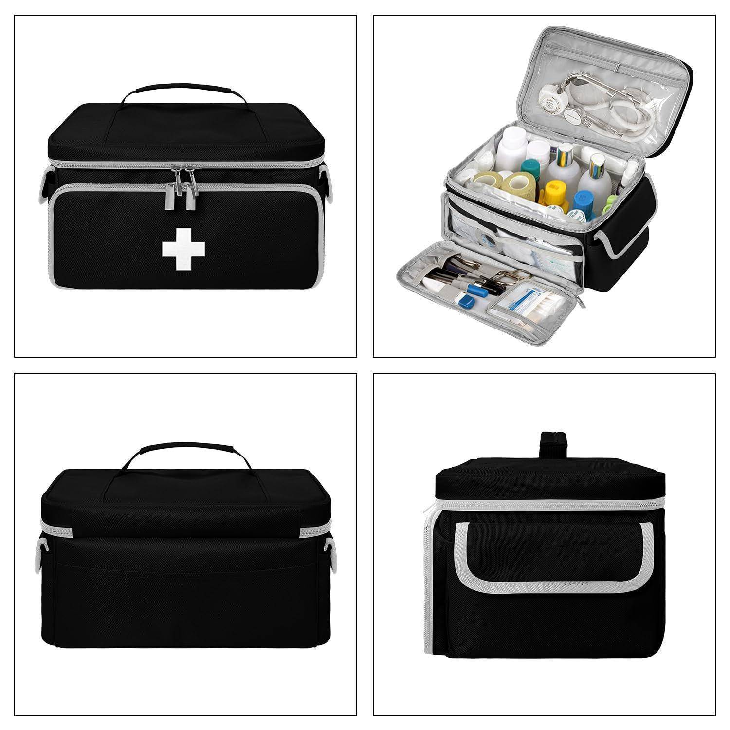 Schwarze medizinische Erste-Hilfe-Tasche mit weißem Kreuz, von mehreren Winkeln geschlossen gezeigt und offen mit organisierten Vorräten und Werkzeugen im Inneren.
