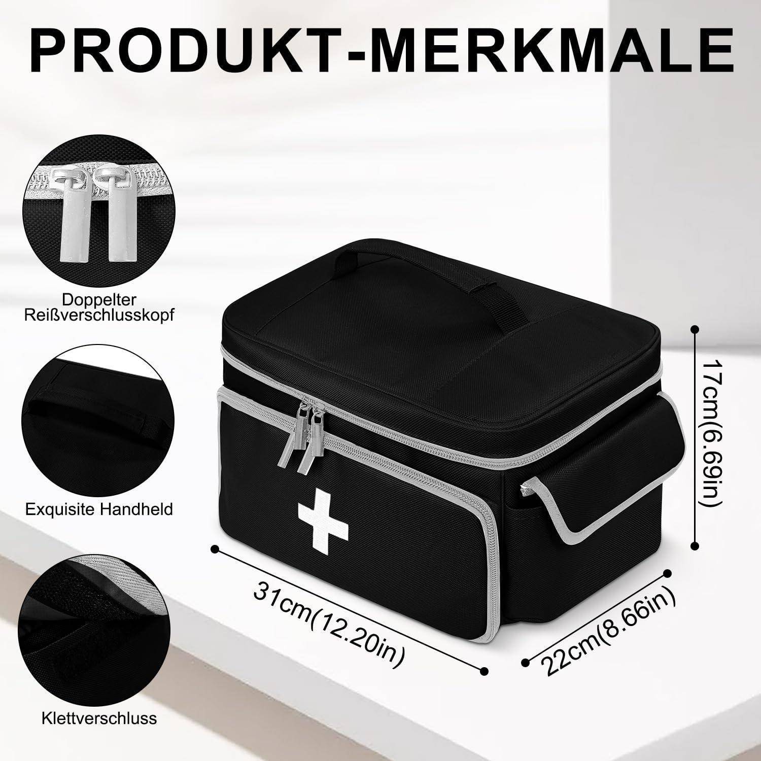 Deutsches Produktmerkmal-Grafik zeigt eine schwarze Erste-Hilfe-Tasche mit Doppelreißverschlüssen, Griff und Klettverschluss; Abmessungen 31 x 22 x 17 cm.