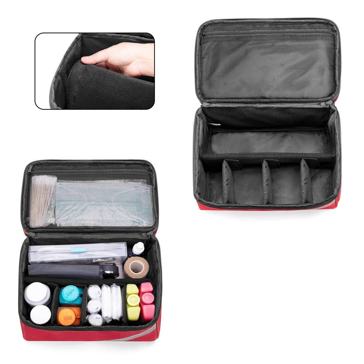 Schwarze Reisetasche mit Reißverschluss und verstellbaren gepolsterten Fächern, gezeigt leer und gefüllt mit Toilettenartikeln und kleinen Gegenständen.