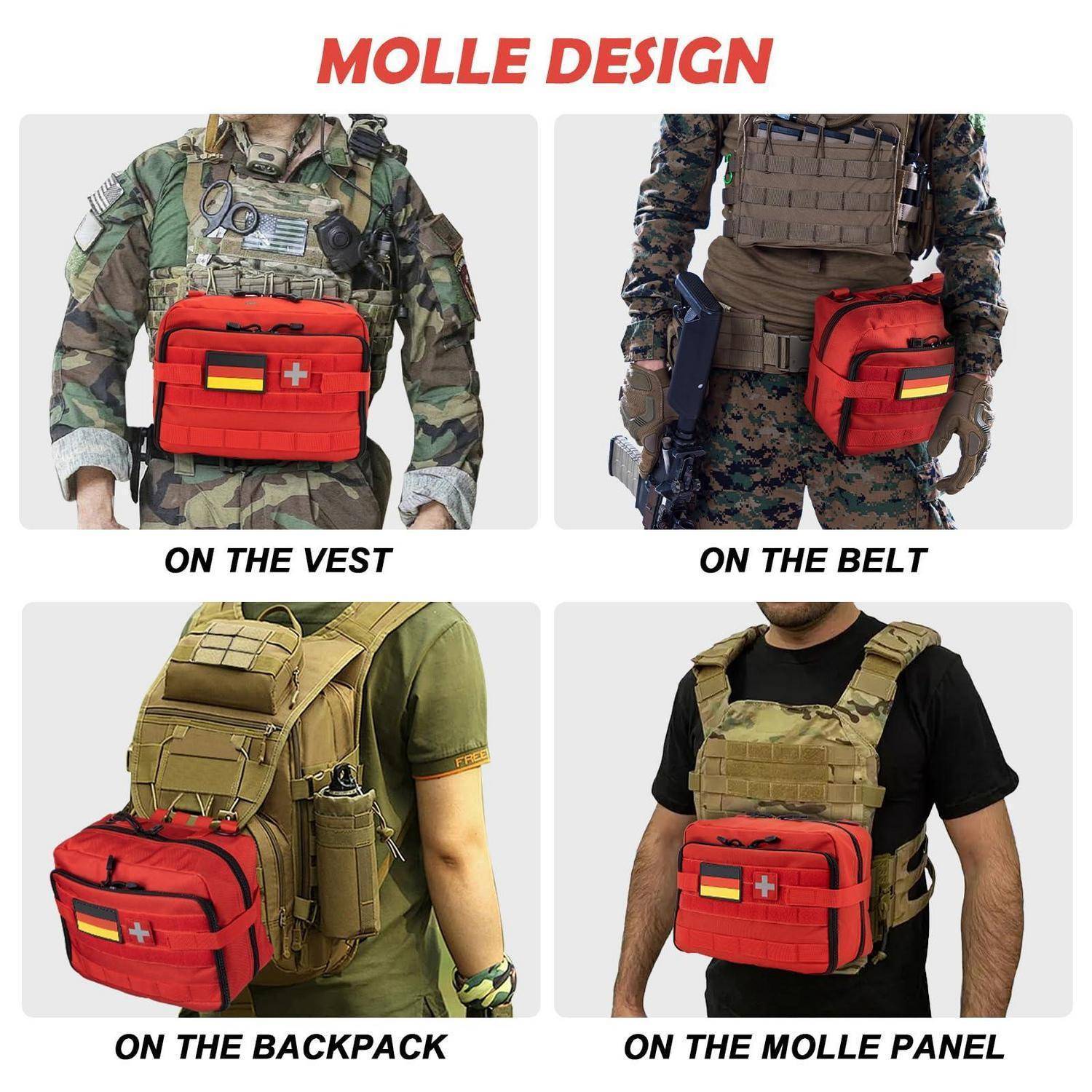 MOLLE-Design Rot-Tasche an einer Weste, einem Gürtel, einem Rucksack und einem MOLLE-Panel auf vier taktischen Ausrüstungen befestigt gezeigt.