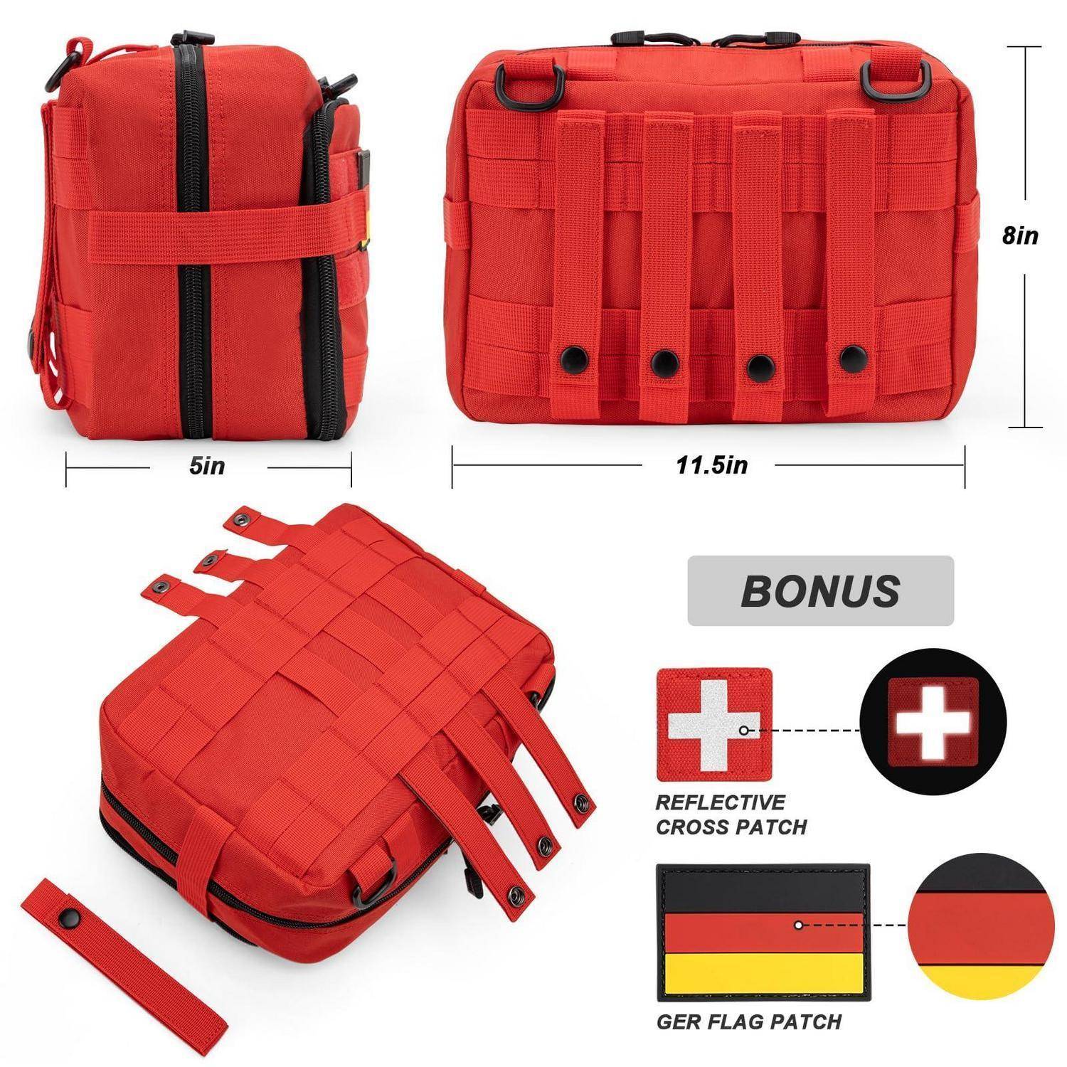 Rote taktische Tasche aus Front-, Rücken- und Schrägansicht mit Abmessungen 5 x 11,5 x 8 Zoll, plus Bonus-Reflexkreuz und deutschen Flaggenaufnäher.