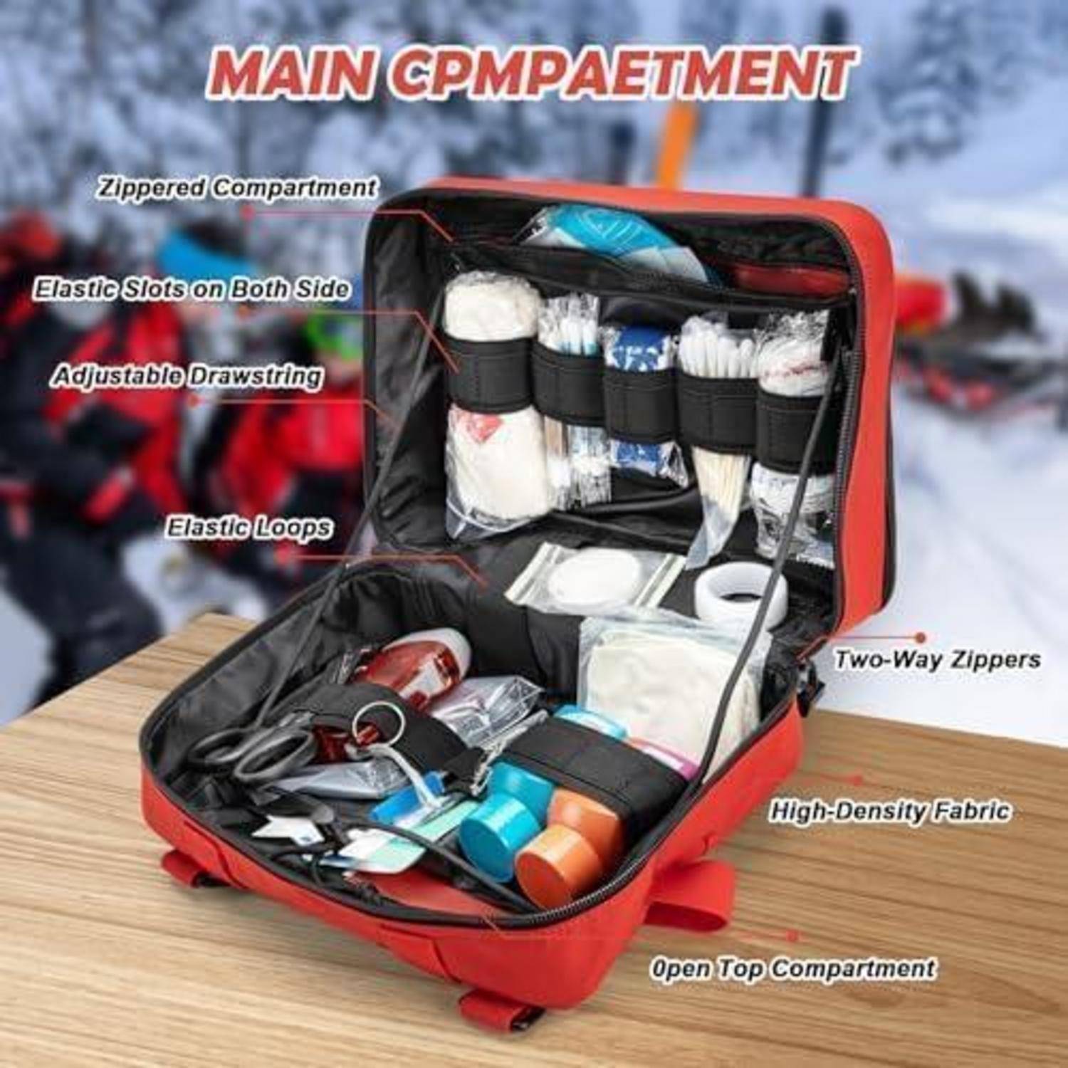 Offener roter Erste-Hilfe-Organizer-Rucksack mit offenen Hauptfächern, elastischen Schlitzen, Reißverschlusstasche und offenem oberen Bereich mit Medizinartikeln.
