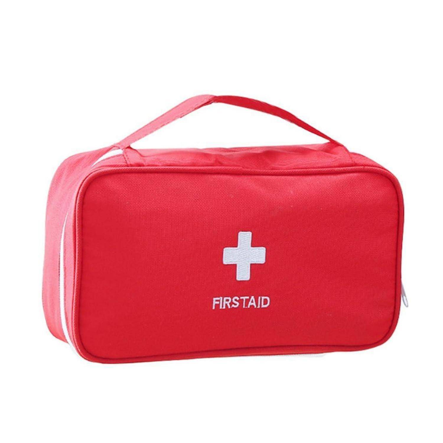 Rote Erste-Hilfe-Tasche mit Griff und weißem Kreuzschild auf weißem Hintergrund.
