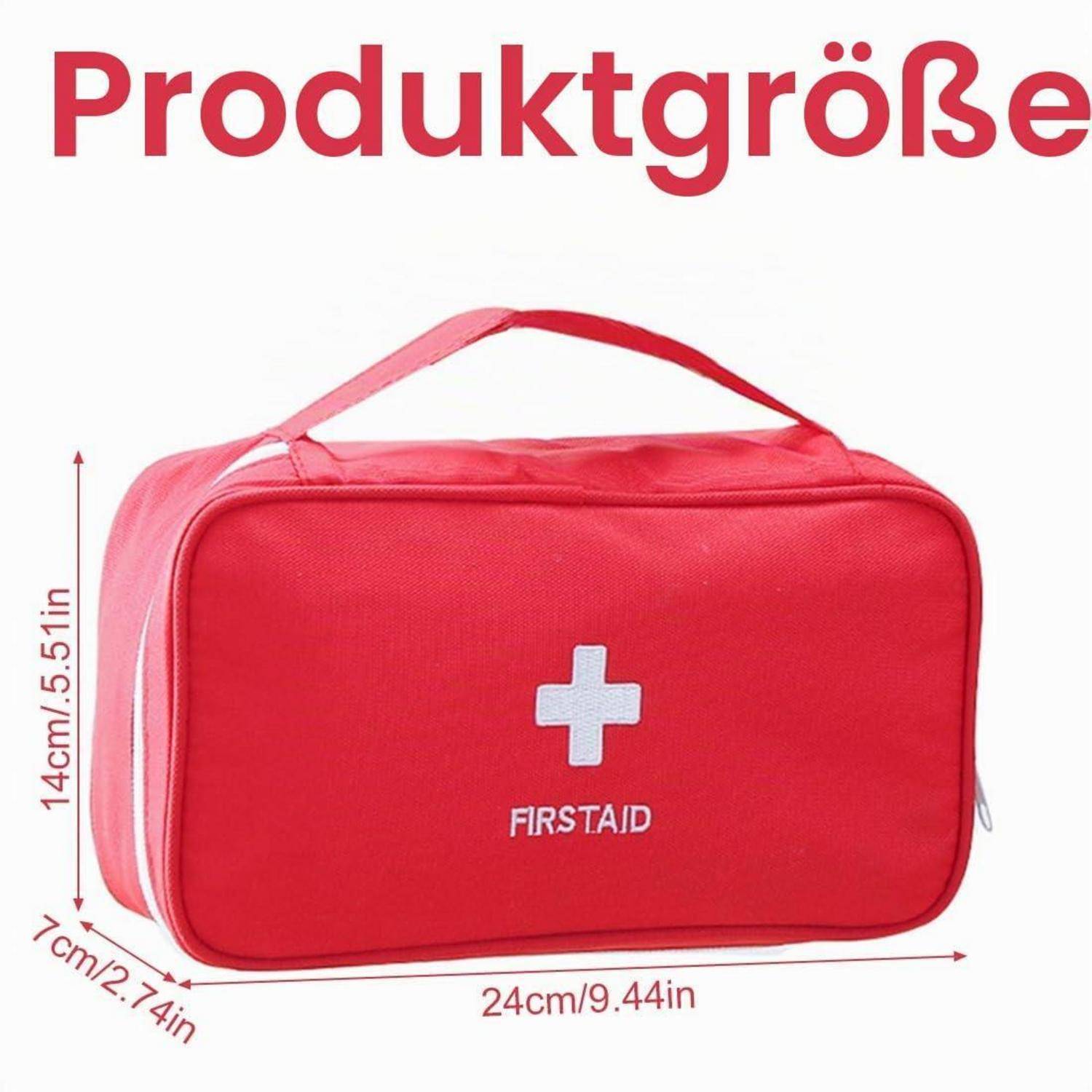 Rote Erste-Hilfe-Tasche mit Griff und weißem Kreuz mit der Aufschrift „FIRST AID"; Produktgröße angegeben als 24 cm x 14 cm x 7 cm.