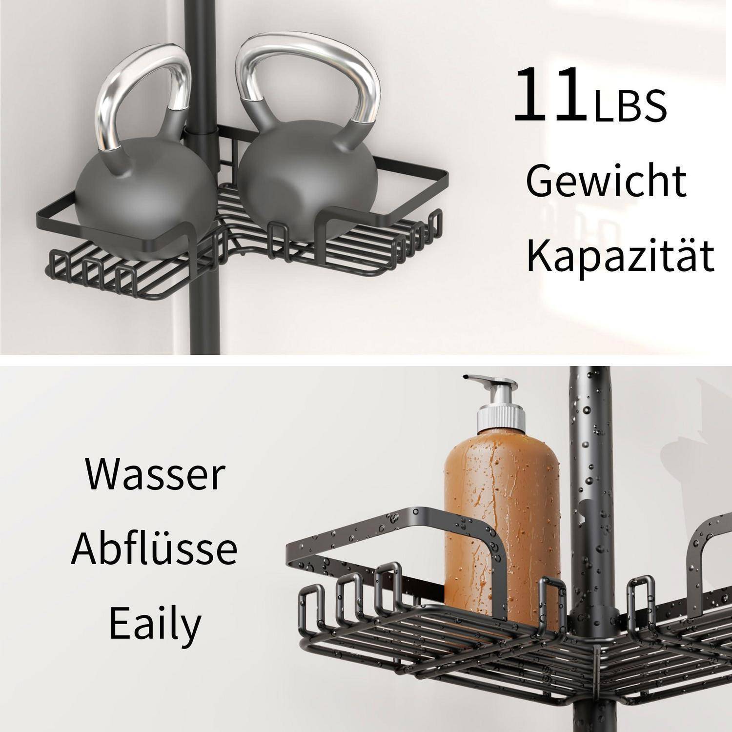 Duschablage an Stange zum Halten von Kettlebells und Flaschen; Text besagt 11 LBS Tragfähigkeit und Wasser läuft leicht ab.