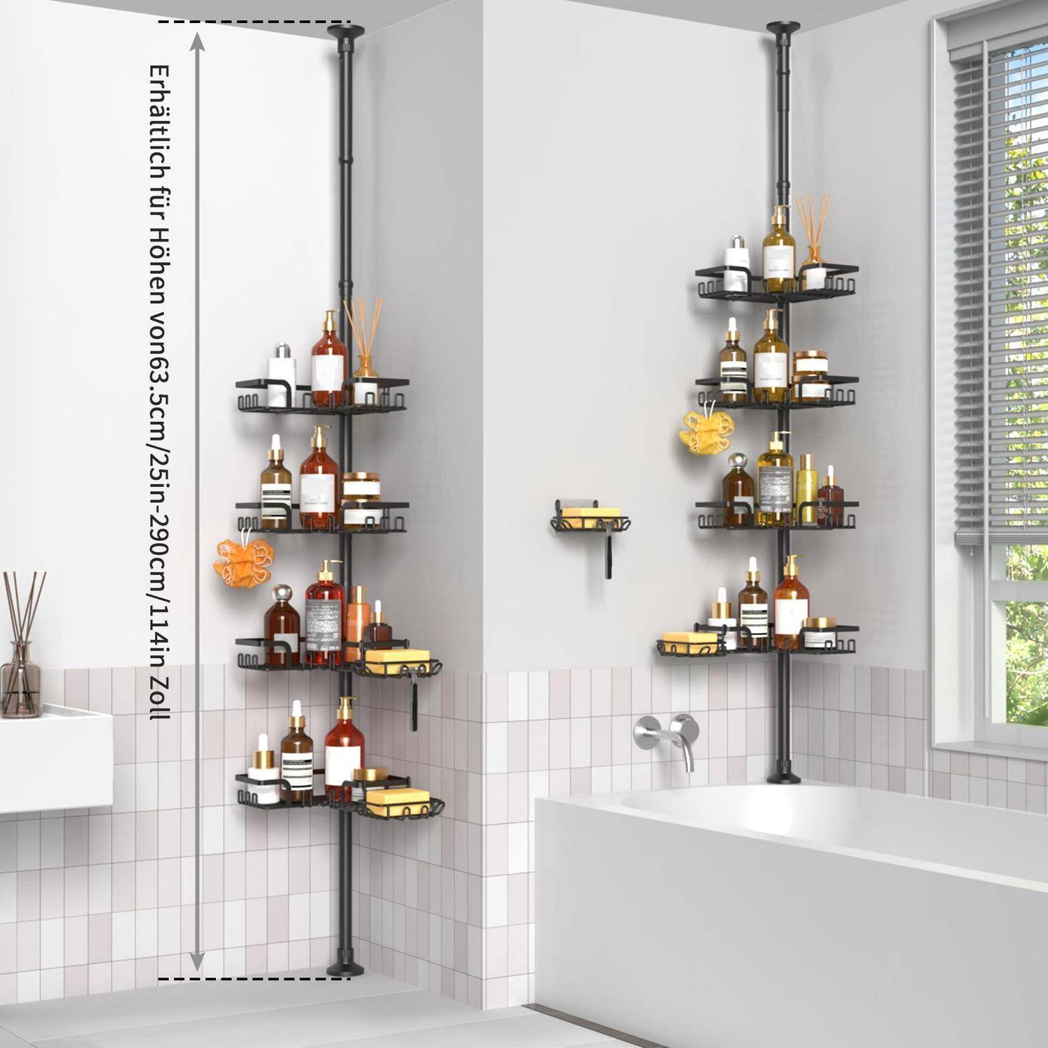 Badezimmer-Eckduschablage-Stange mit verstellbaren Regalen zum Aufbewahren von Flaschen und Seife, dargestellt als hoher 63,5-290 cm / 25-114 Zoll Organizer.