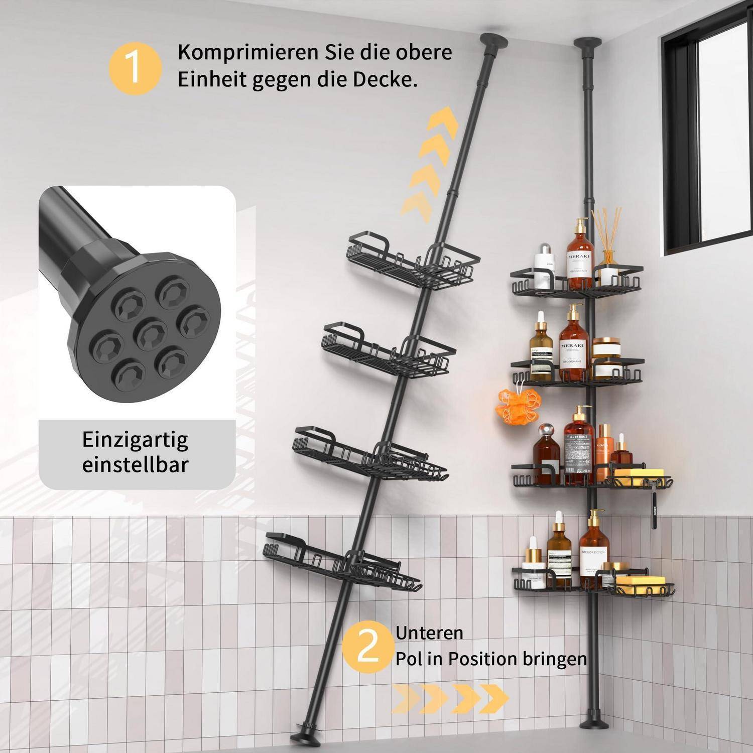 ZUNTO Teleskop Eck-Duschregal 63,5-290cm Mattschwarz Metall 4 Körbe