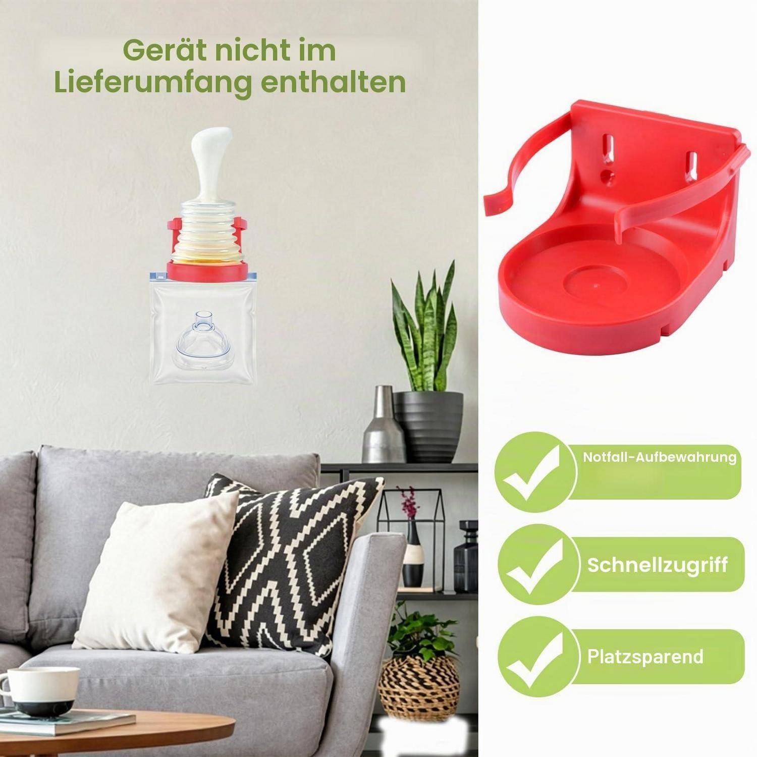 Produktbild zeigt einen roten wandmontierten Flaschenhalter für Babyflaschen mit Kappe, gekennzeichnet auf Deutsch "Gerät nicht im Lieferumfang enthalten"" und mit folgenden Merkmalen: Notfalllagerung, schneller Zugriff, platzsparend.