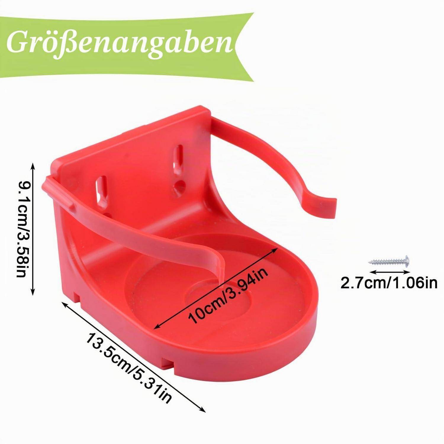 Größendiagramm eines roten Kunststoffbechers-Halters mit den Angaben 13,5 cm lang, 10 cm breit, 9,1 cm hoch und 2,7 cm Befestigungsgröße.