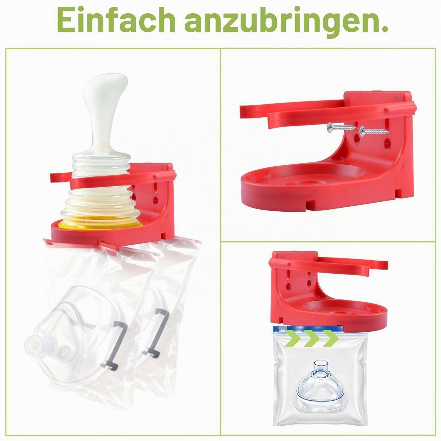 Roter Flaschenkapselöffner/Klemme wird an einem Quetschbeutel verwendet; oben steht der Text "Einfach anzubringen."" (einfach zu befestigen).