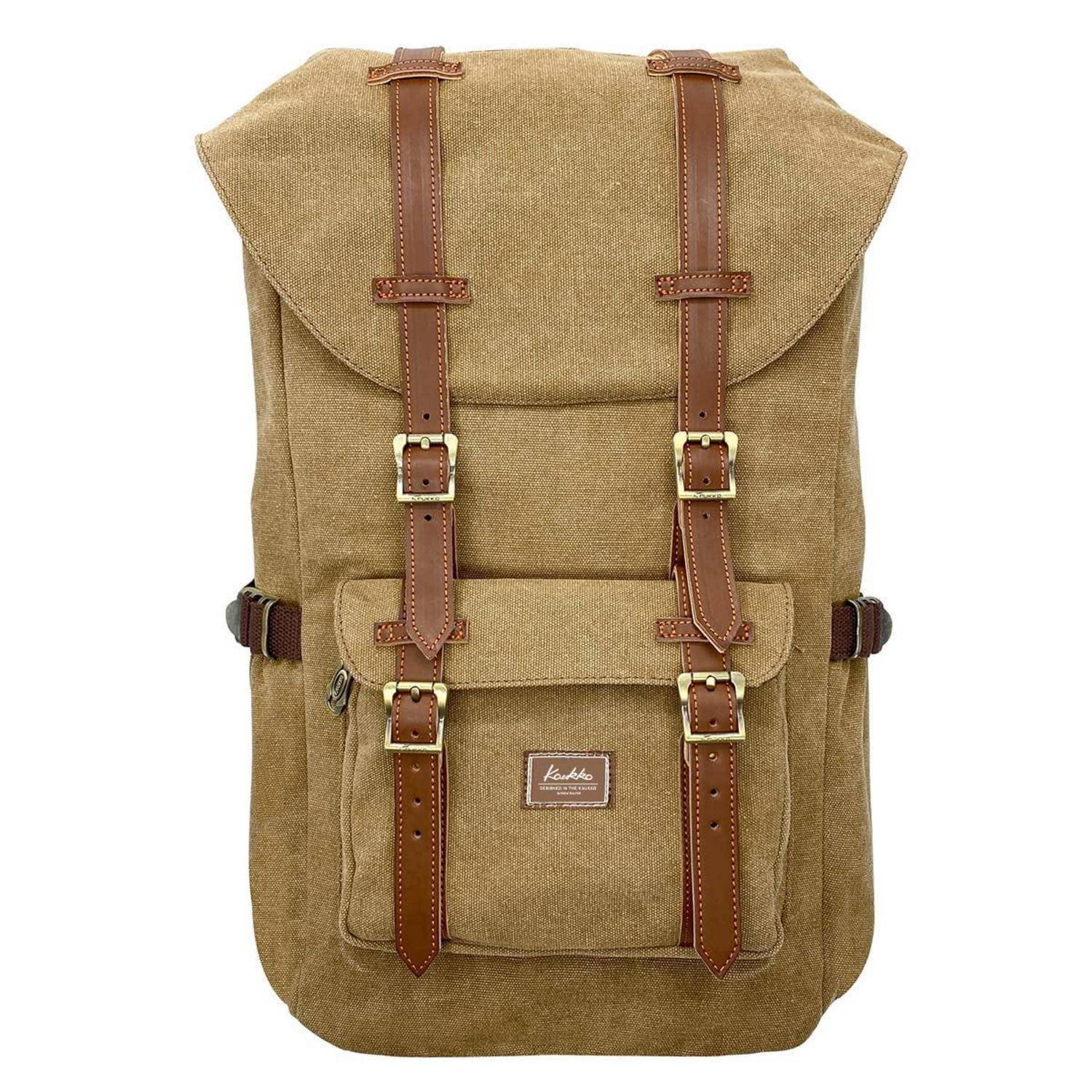 Khaki-Leinwand-Rucksack mit braunen Ledergurten, Schnallen und Vordertasche auf weißem Hintergrund.