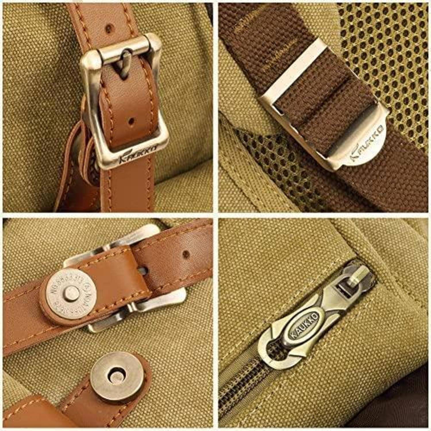 Nahaufnahme-Collage von Rucksackträgern und Reißverschlussbeschlägen mit Metallschnallen, Druckknöpfen und einem Reißverschlussschieber auf beige und braunem Stoff.