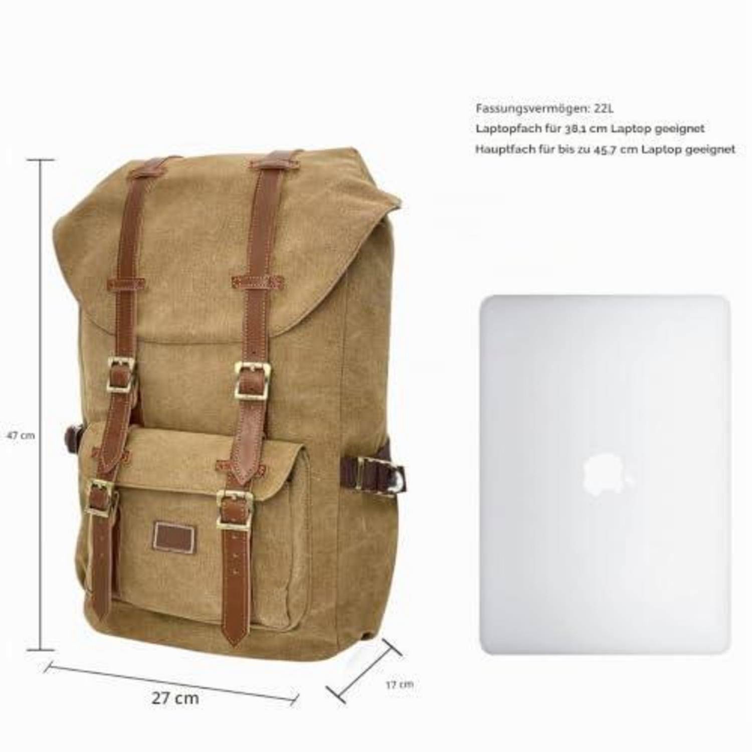Beiger Leinwandrucksack mit Schnallen und Vordertasche, mit Laptop zur Größenangabe gezeigt; Abmessungen gekennzeichnet: 47 cm hoch, 27 cm breit, 17 cm tief, 22 L Fassungsvermögen.