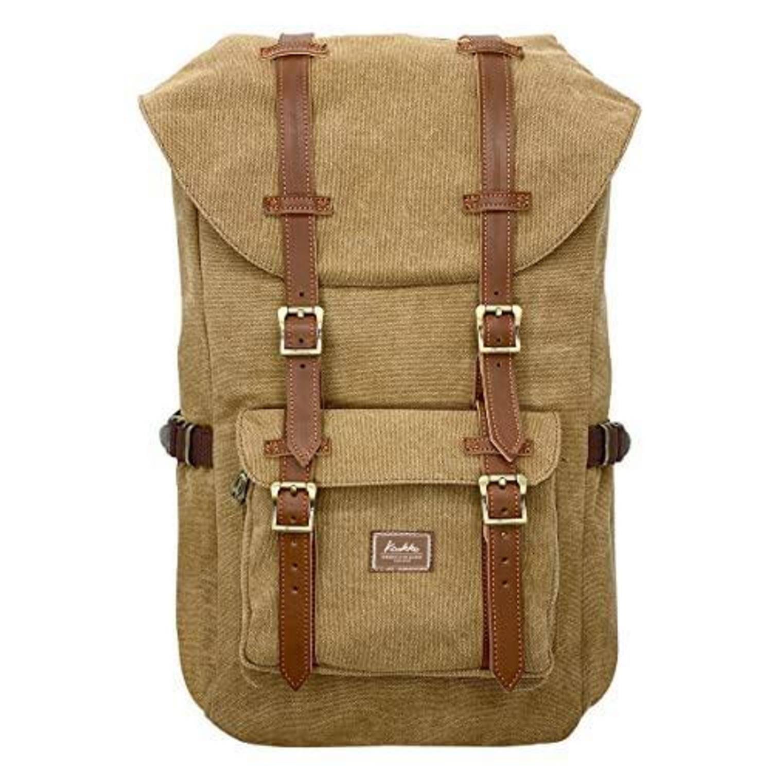 Beiger Leinwandrucksack mit braunen Ledergurten, Schnallen und Vordertasche auf weißem Hintergrund.