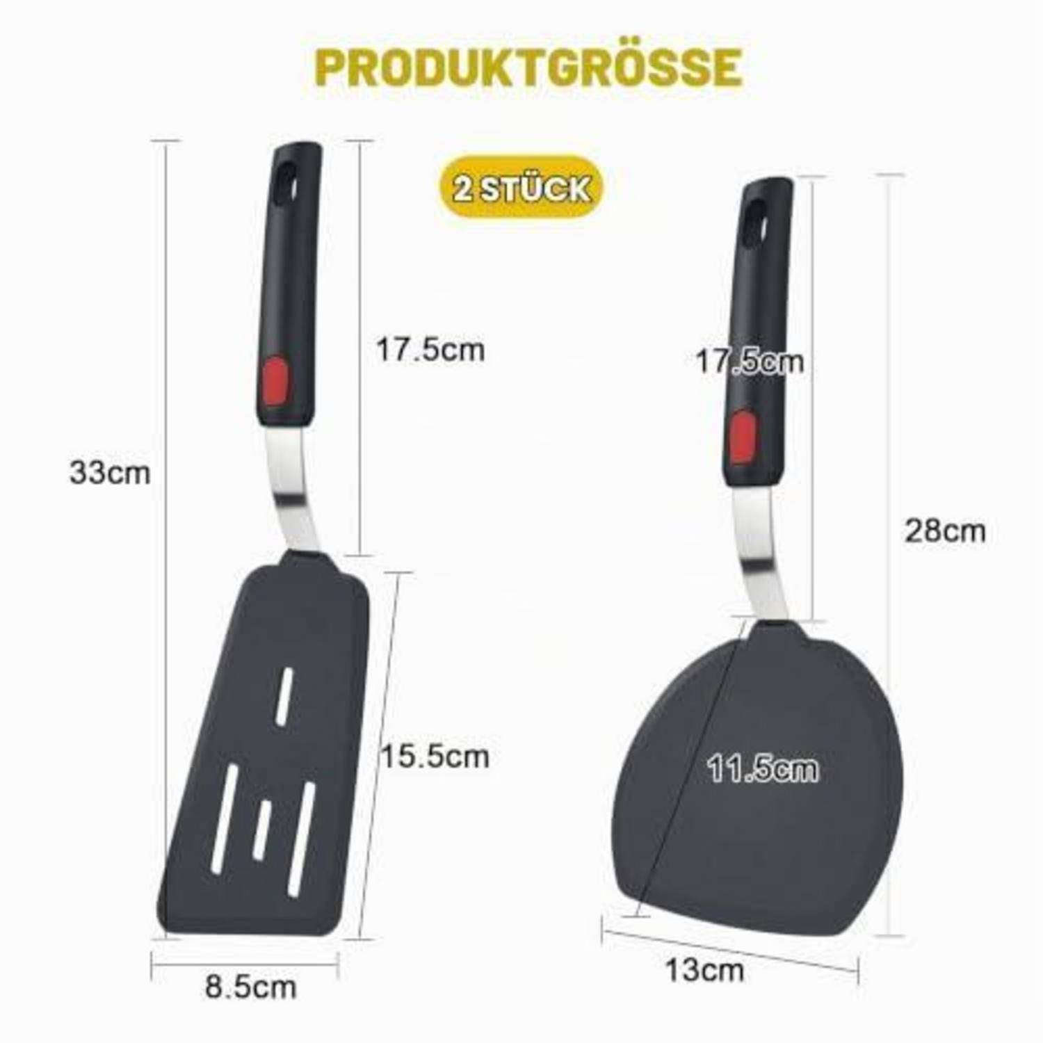 Größendiagramm für 2 Stücke eines Küchengeräts mit schwarzem Griff, das Abmessungen zeigt: 33 cm und 28 cm Gesamthöhe, 17,5 cm Griff und 8,5 cm oder 13 cm Breite.