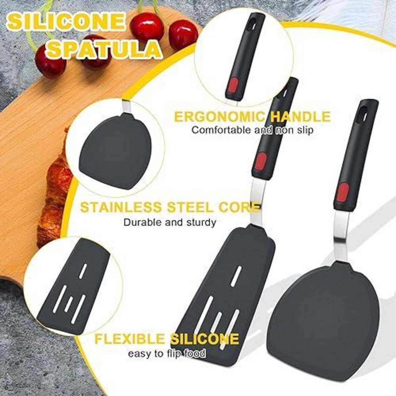 Werbebild einer Silikonspatel mit drei Ansichten und Text, der einen ergonomischen rutschfesten Griff, einen Edelstahlkern und einen flexiblen Silikonkopf zum Wenden von Lebensmitteln hervorhebt.