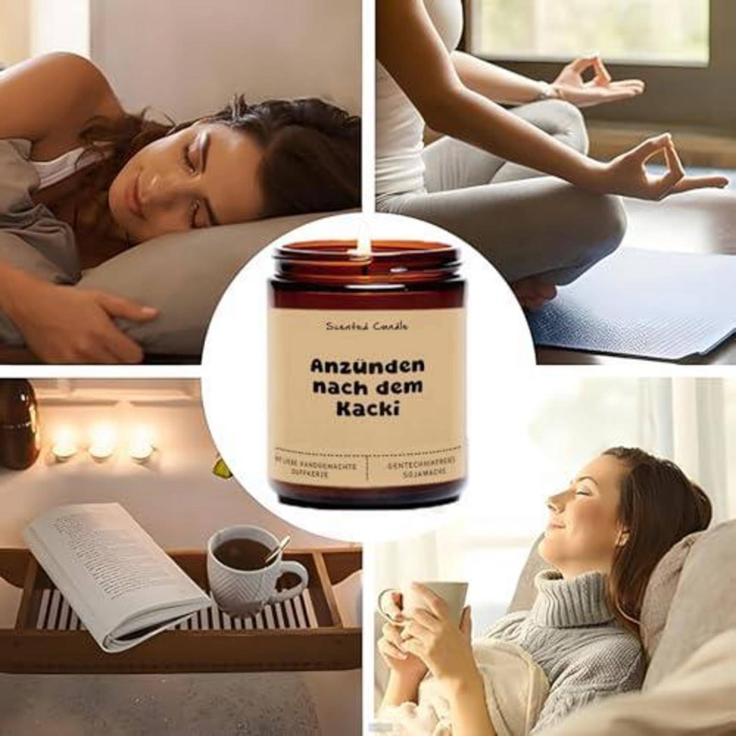 Eine Duftkerze mit der Aufschrift 'Anzünden nach dem Kacki', umgeben von vier Szenen der Entspannung: Schlafen, Meditation, Lesen mit Kaffee und Ausruhen mit einer Tasse.
