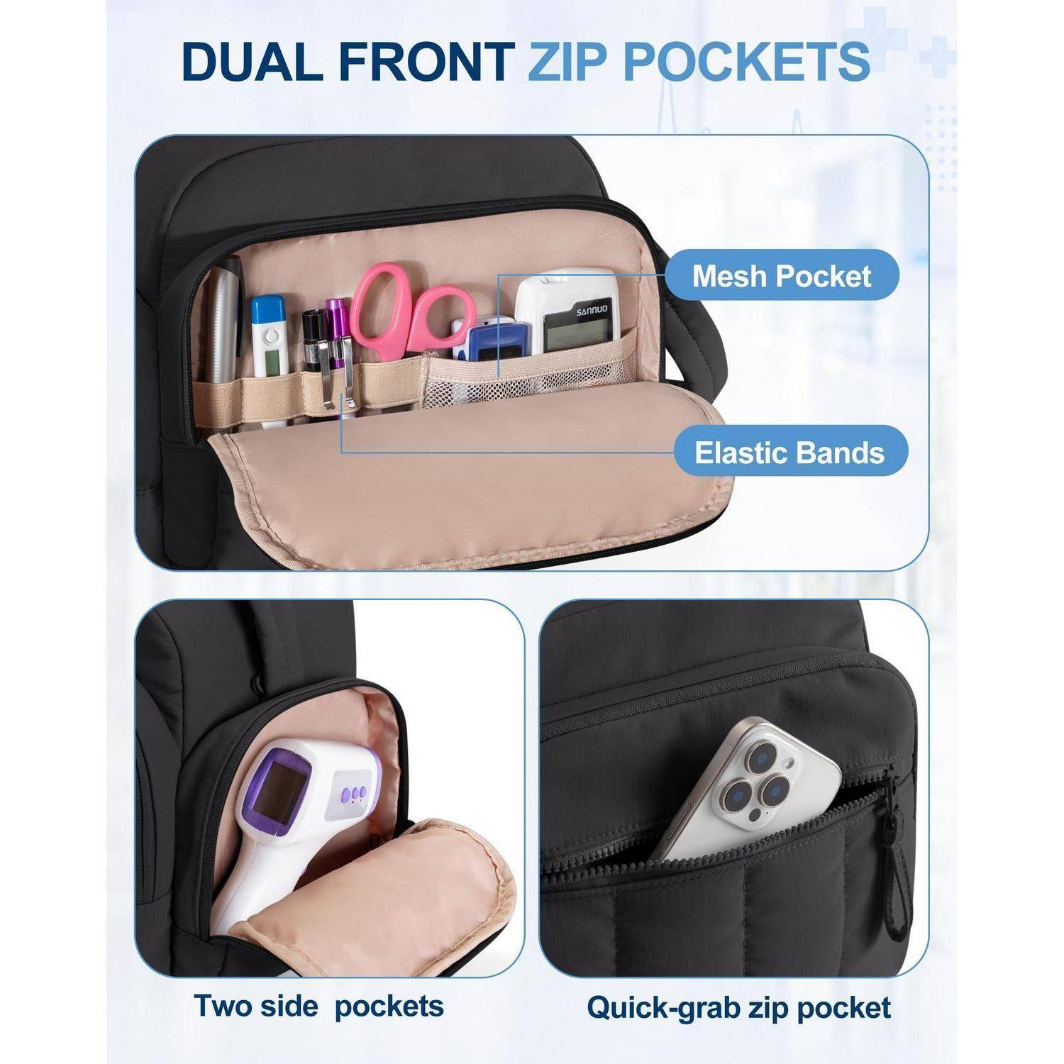Rucksack- oder Taschtenorganizer mit zwei vorderen Reißverschlusstaschen mit einer Netztasche und Gummibändern, plus zwei Seitentaschen und einer schnell erreichbaren Reißverschlusstasche für kleine Gegenstände.