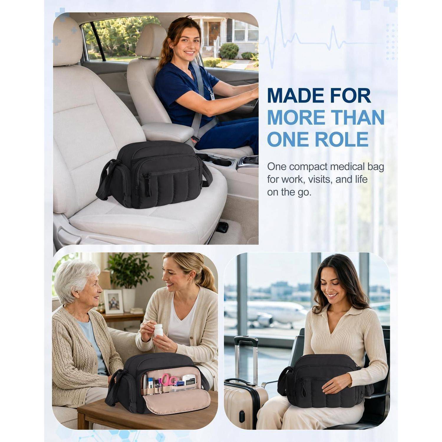 Werbekollage einer schwarzen kompakten medizinischen Tasche, die im Auto, zu Hause und in Reisesituationen verwendet wird, mit dem Text: „Gemacht für mehr als eine Rolle."