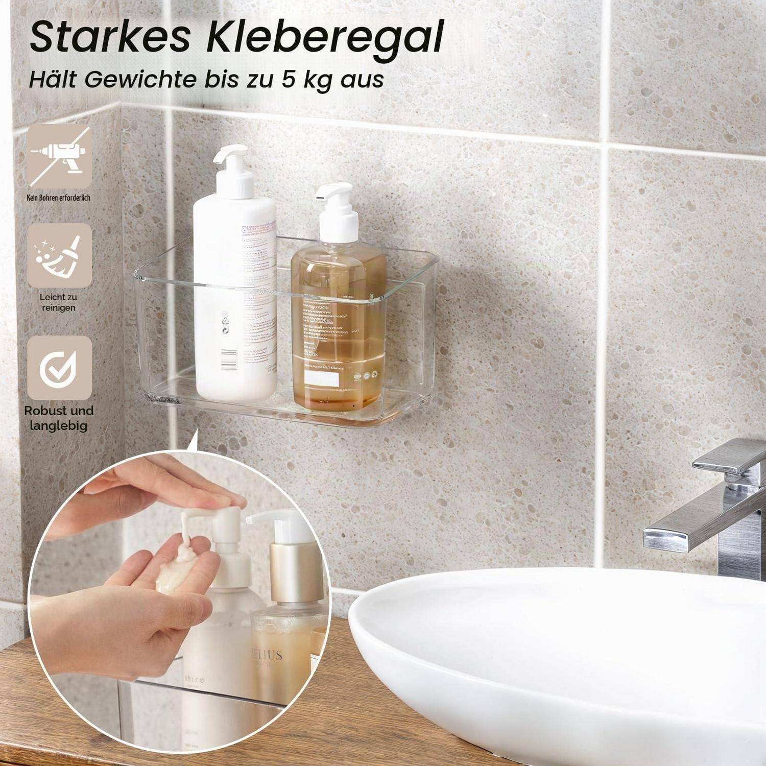 Badezimmerwandregal mit zwei Flaschen über einem Waschbecken; die Detailaufnahme zeigt die Klebstoffmontage. Text: 'Starkes Kleberegal', 'Hält Gewichte bis zu 5 kg aus'.