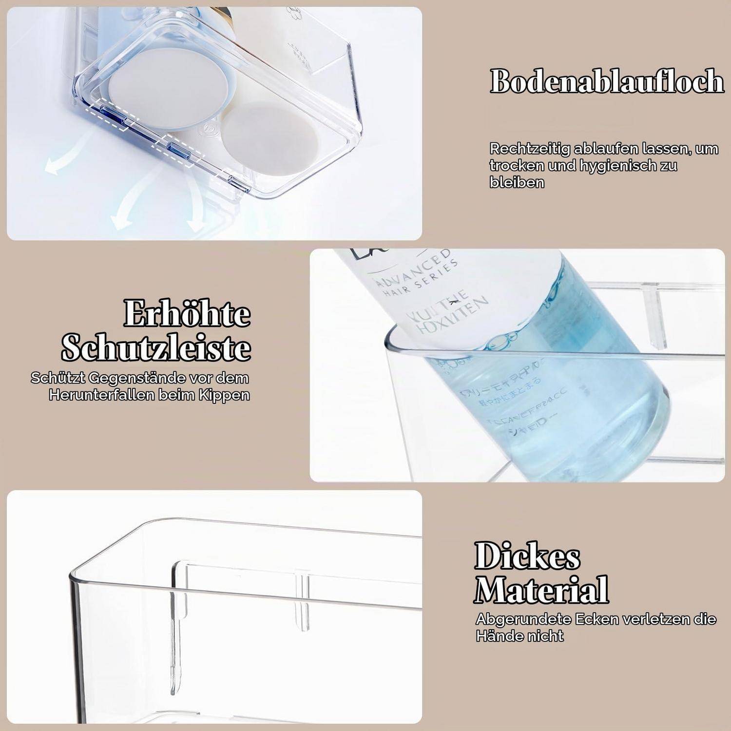 Infografik eines durchsichtigen Lagerbehälters mit Hervorhebung von Drainagelöchern, erhöhtem Rand und dickem, abgerundetem Material für hygienische Verwendung und Sicherheit.