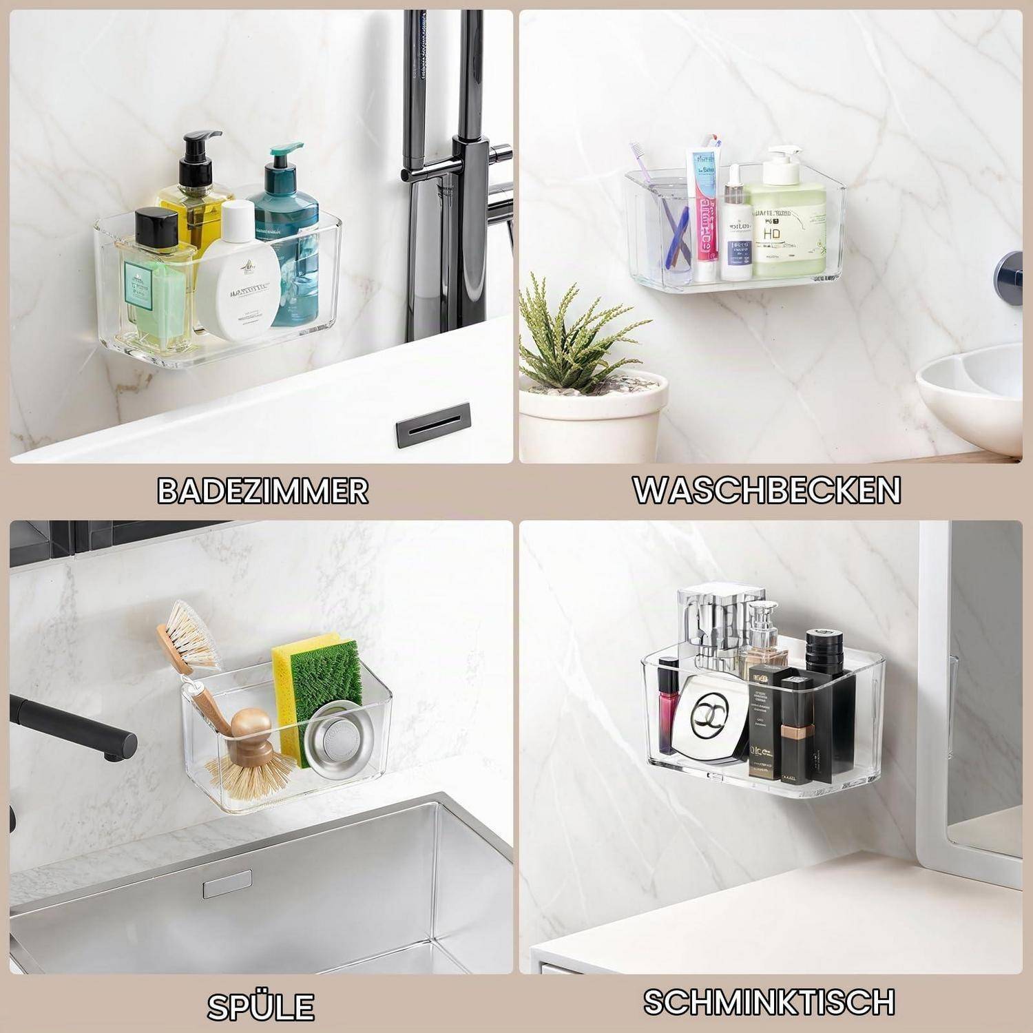 Collage mit einer durchsichtigen Haftungsregal-Wandablage, die an vier Stellen verwendet wird: Badezimmer, Waschbecken, Küchenspüle und Waschtisch für Toilettenartikel und Reinigungsmittel.