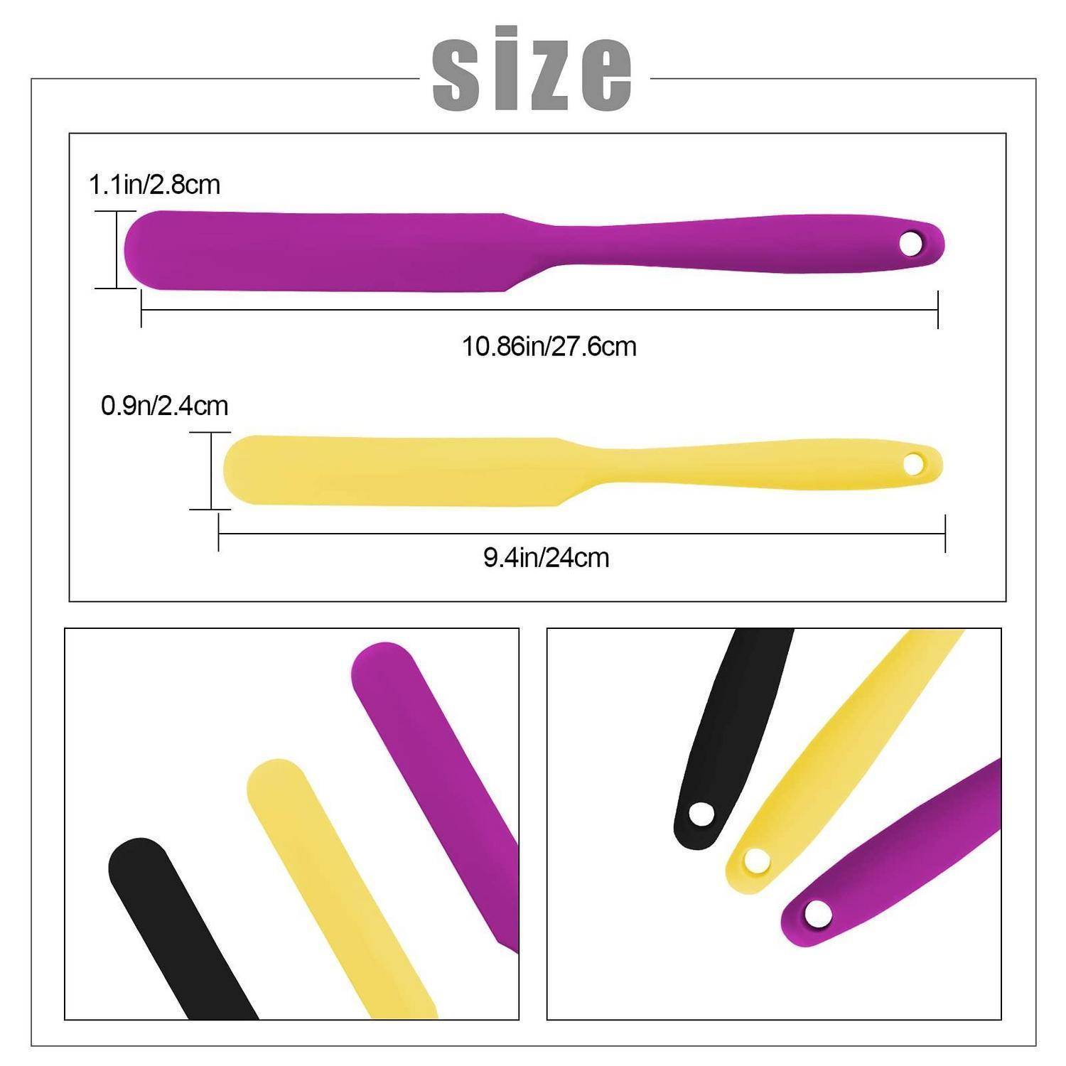 Größentabelle mit zwei Silikon-Spachteln: violett 10,86 Zoll/27,6 cm mal 1,1 Zoll/2,8 cm und gelb 9,4 Zoll/24 cm mal 0,9 Zoll/2,4 cm, mit vergrößerten Farbansichten darunter.