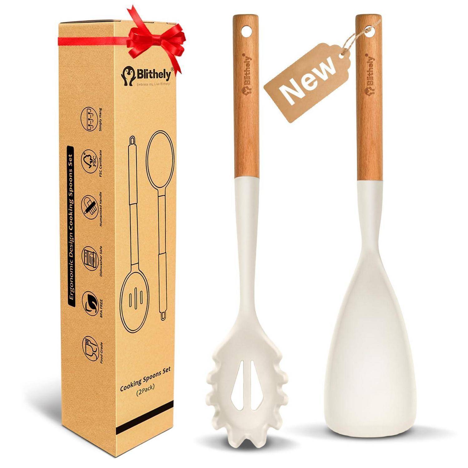 Geschenkbox mit Bithley 2-teiligem Kochbesteck-Set mit Holzgriffen und weißem Silikonspatel und Schöpflöffel, eines mit Etikett 