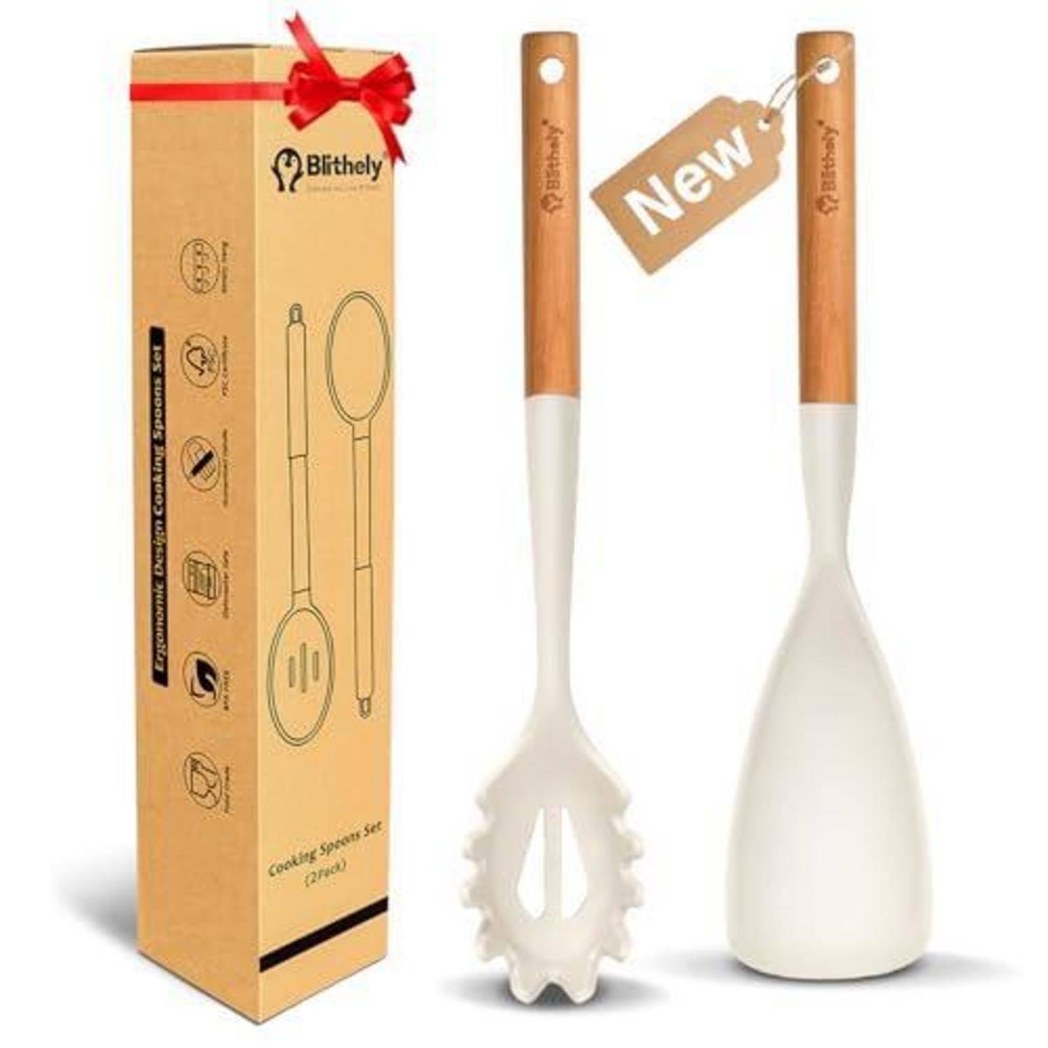 Kochbesteck-Set in einer Geschenkbox, zeigt einen Holzgriff-Schlitzlöffel und einen weiße Silikonspatel mit der Aufschrift „Neu