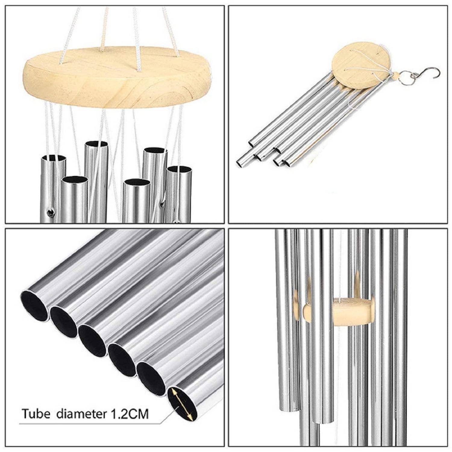 Nahaufnahme-Collage von silbernen Metallwindspielen mit einer Holzspitze und hängenden Röhren, einschließlich eines Details mit der Beschriftung „Rohrdurchmesser 1,2 cm".