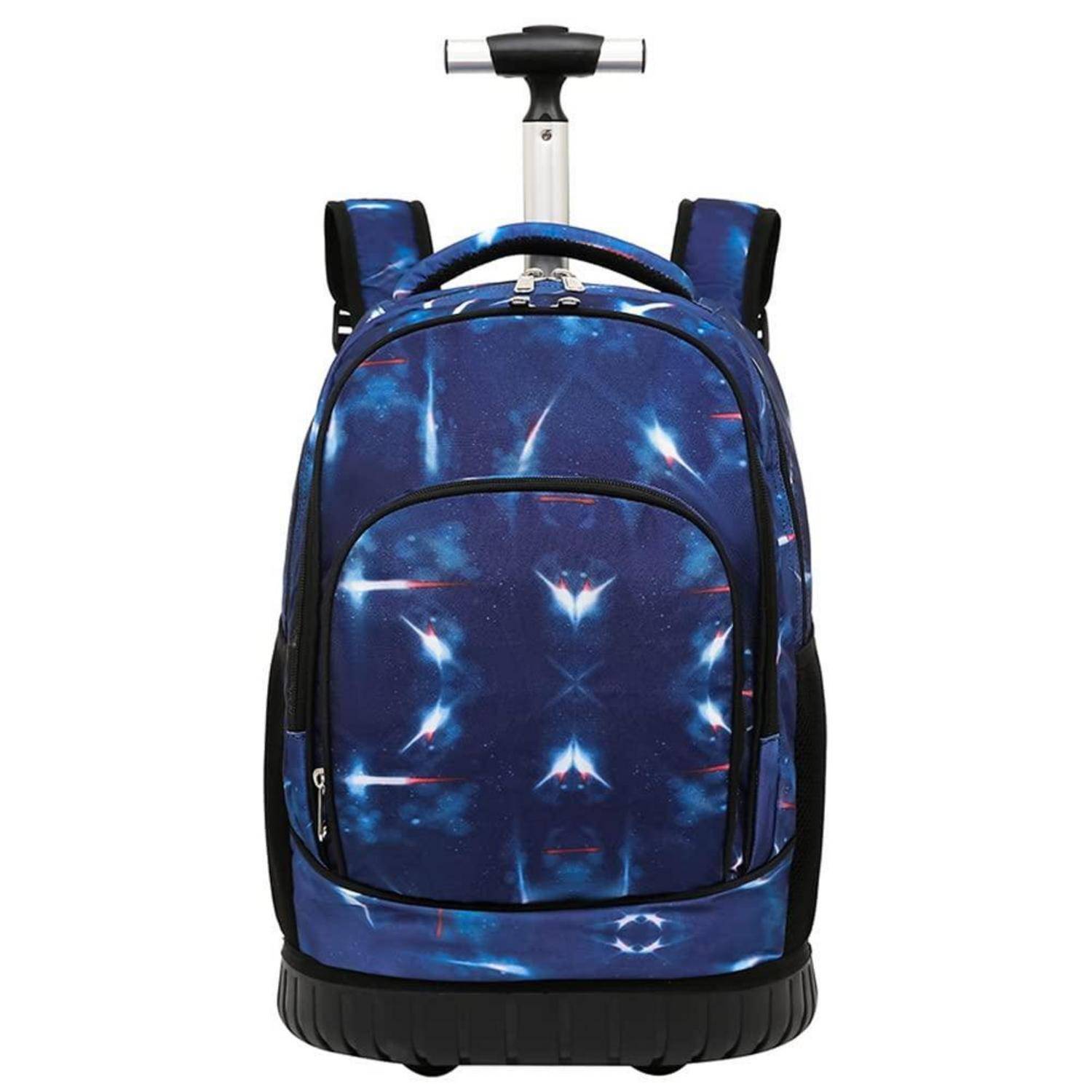 Blauer Rollrucksack mit ausziehbarem Griff, vorderer Reißverschlusstasche und gepolsterten Schultergurten auf weißem Hintergrund.