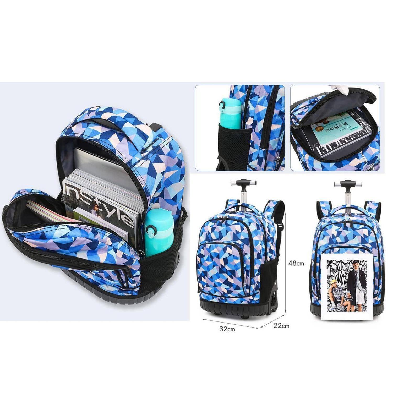 Produktcollage eines blauen geometrischen Rollrucksacks mit Vortasche, seitlichem Flaschenhalter, ausziehbarem Griff und den Abmessungen 48cm x 32cm x 22cm.
