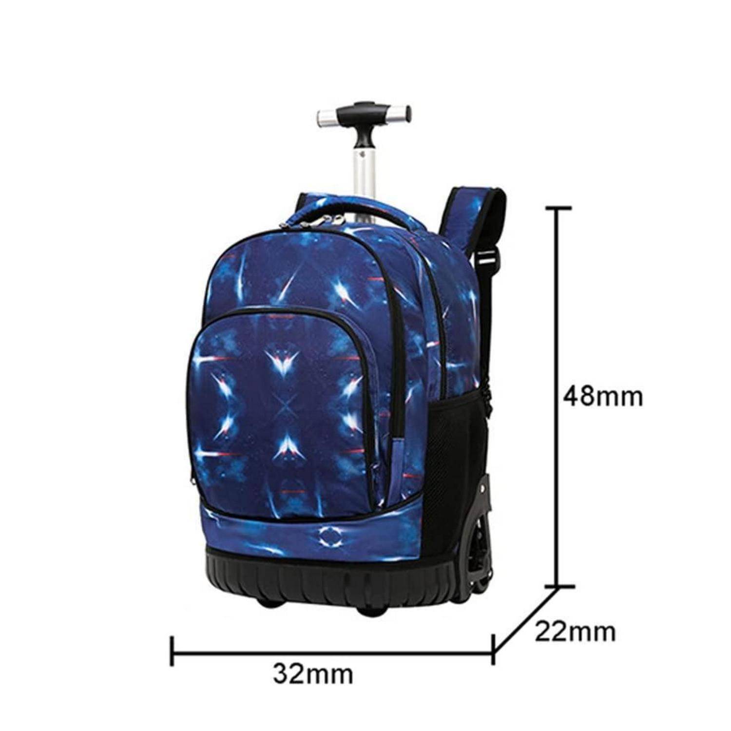Blauer Rollen-Rucksack mit ausziehbarem Griff, gezeigt mit Abmessungen von 32 mm Breite, 22 mm Tiefe und 48 mm Höhe.